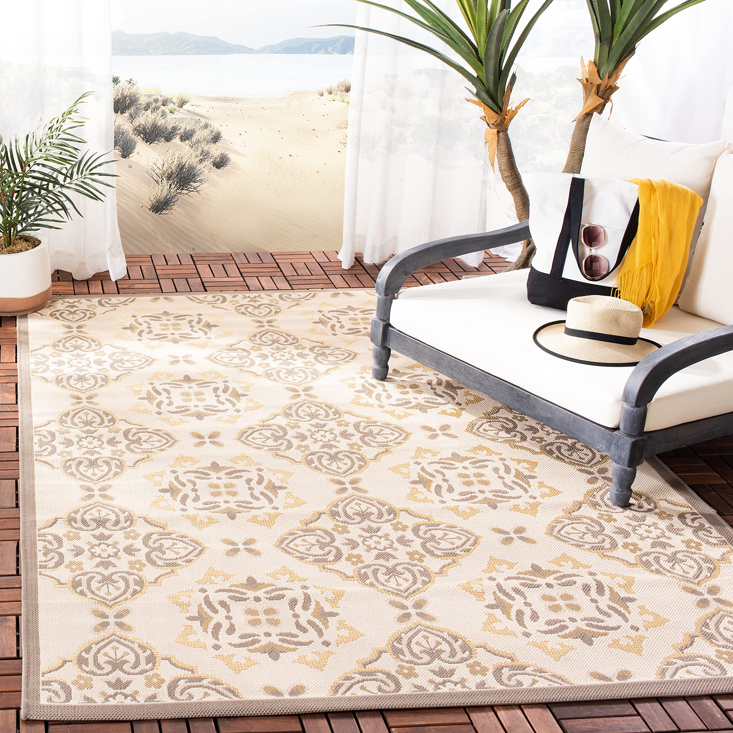 SAFAVIEH Courtyard Collection Accent Rug - 4 x 57, Dark Beige & Beige, Non-Shedding & Easy Care, Indoor/Outdoor & Washable-Ide