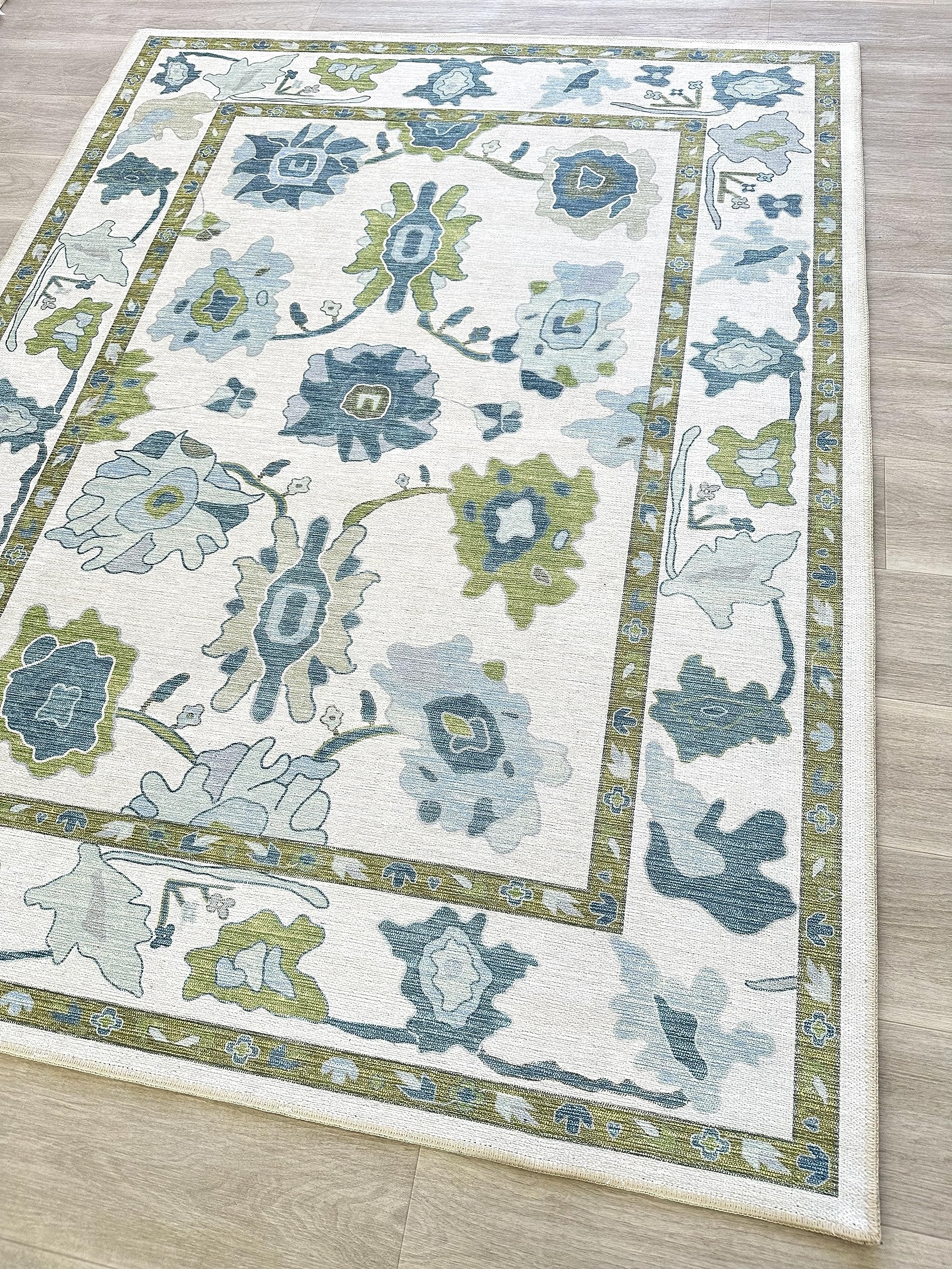 Green Oushak Rug, Modern, Vintage, Turkish, Eclectic, Floral, Pastel, Washable, Area Rugs for Living Room, Dining, Bedroom, Offi