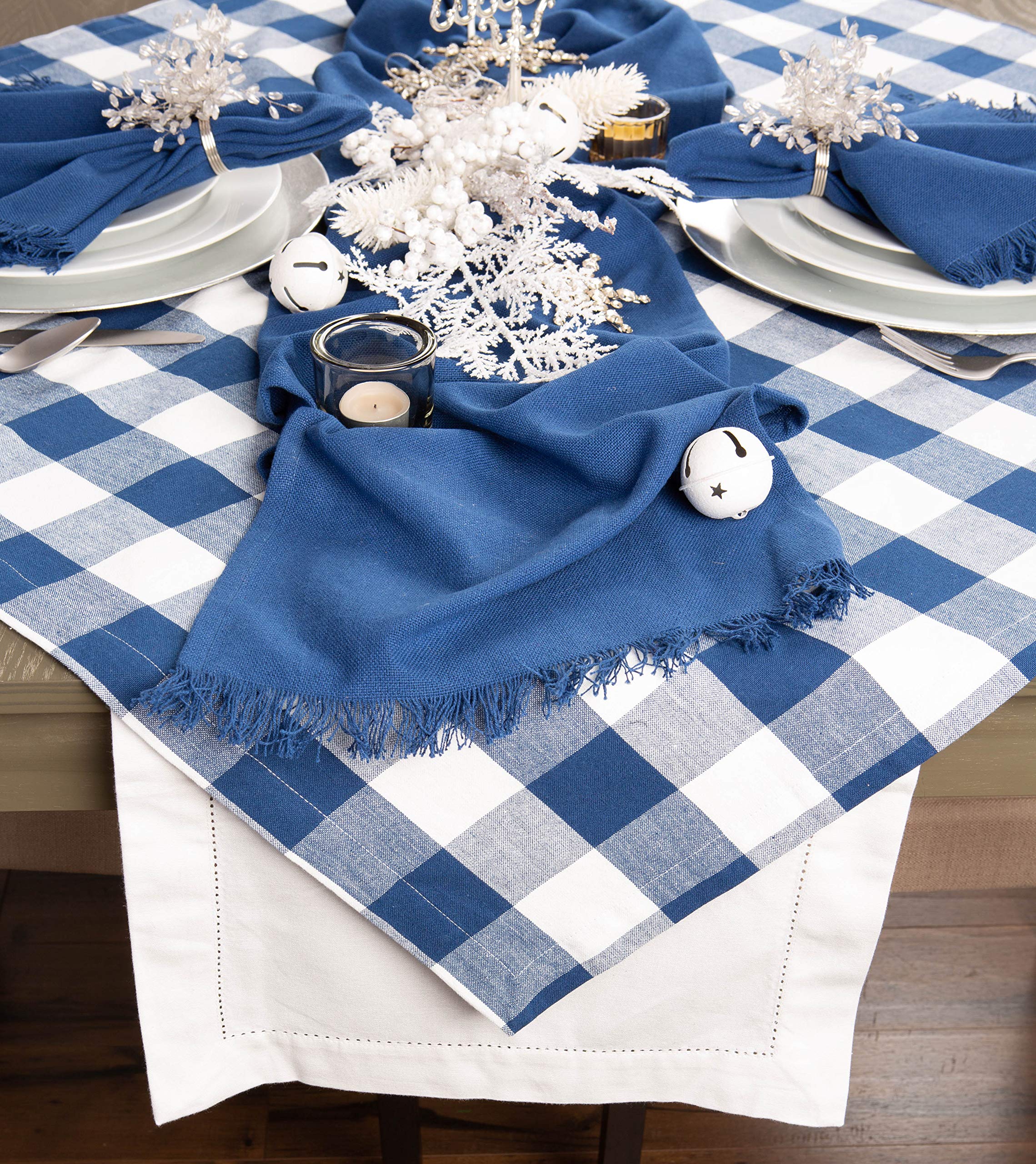 Dii Buffalo Check Collection, Classic Farmhouse Tablecloth, Table Topper, 40X40, Navy & Cream