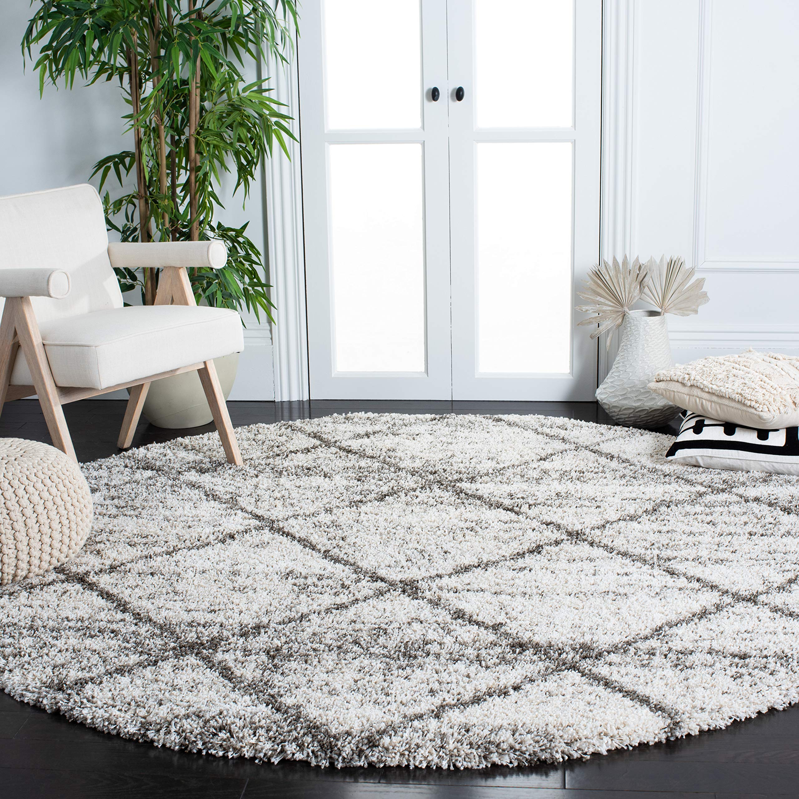 SAFAVIEH Hudson Shag Collection Area Rug - 8 Round, Grey & Beige, Modern Trellis Design, Non-Shedding & Easy Care, 2-inch Thick