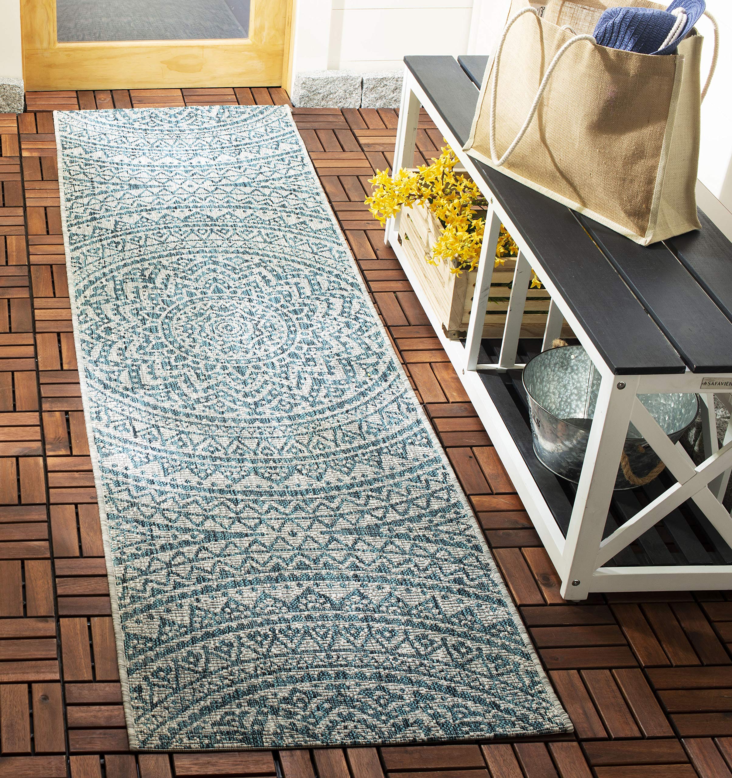 SAFAVIEH Courtyard Collection Runner Rug - 23 x 16, Light Grey & Teal, Non-Shedding & Easy Care, Indoor/Outdoor & Washable-Ide