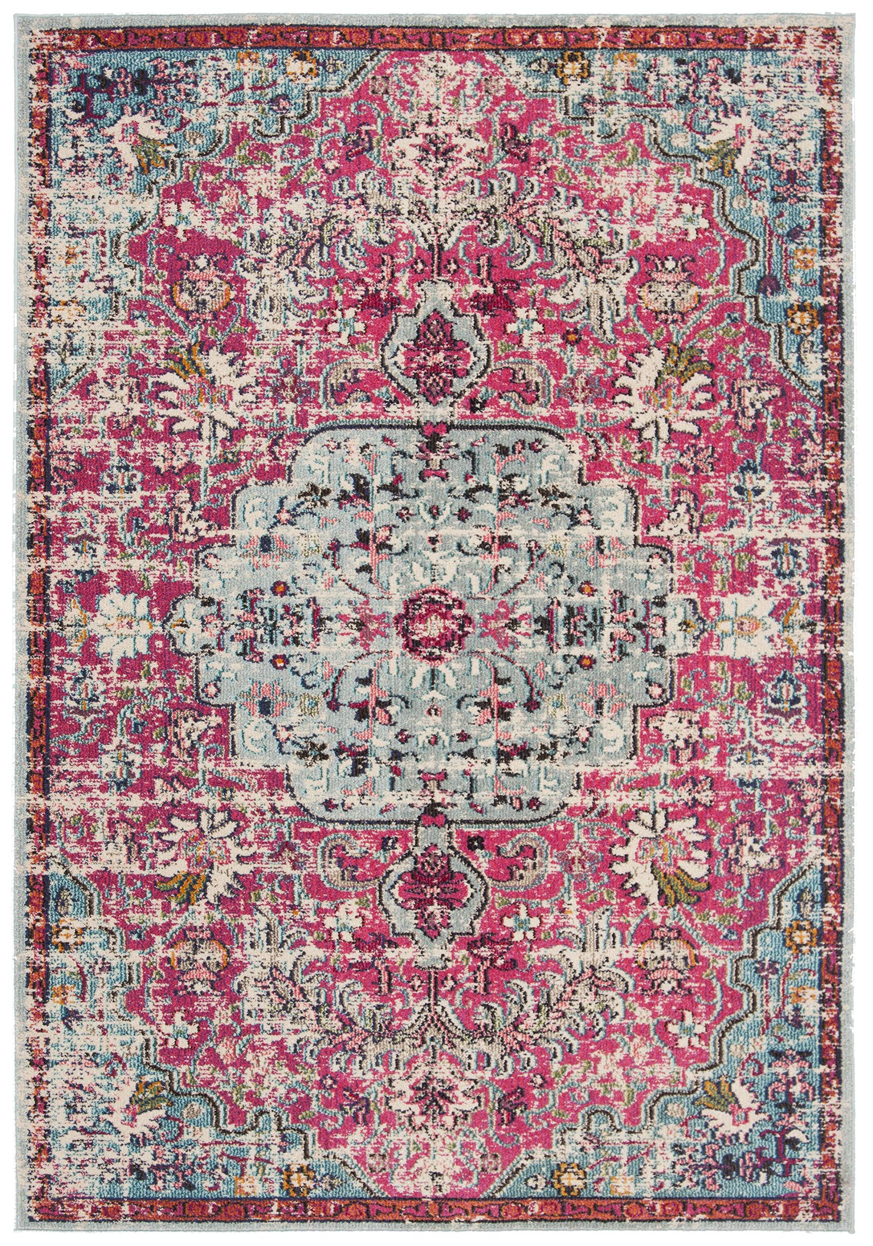 SAFAVIEH Madison Collection Accent Rug - 22 x 4, Fuchsia & Teal, Medallion Distressed Design, Non-Shedding & Easy Care, Ideal 