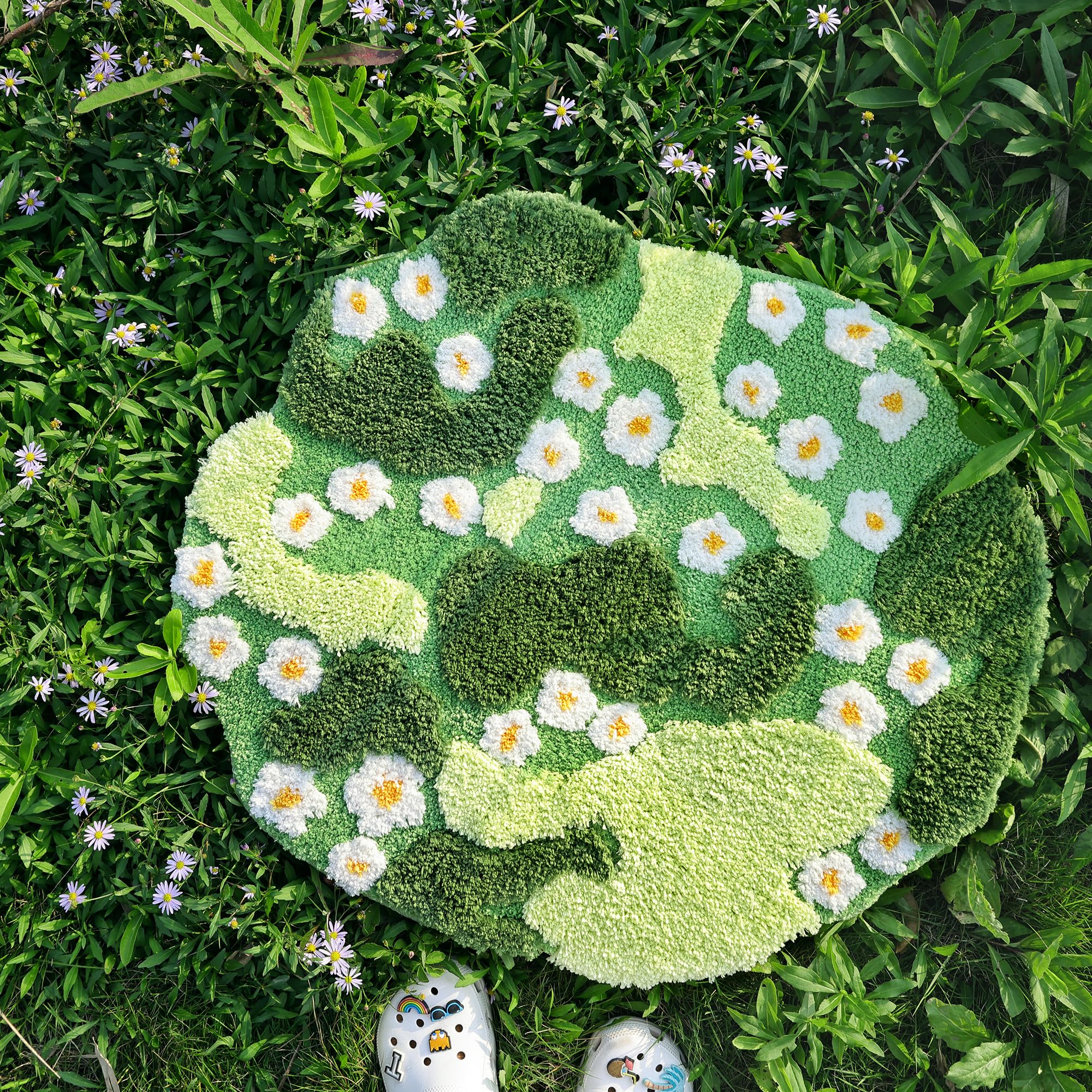 Yikush Moss Bath Mat Green Bathroom Rug With Small White Flowers Non Slip Door Mat For Bedroom And Kitchen Soft Washable Rug Flo
