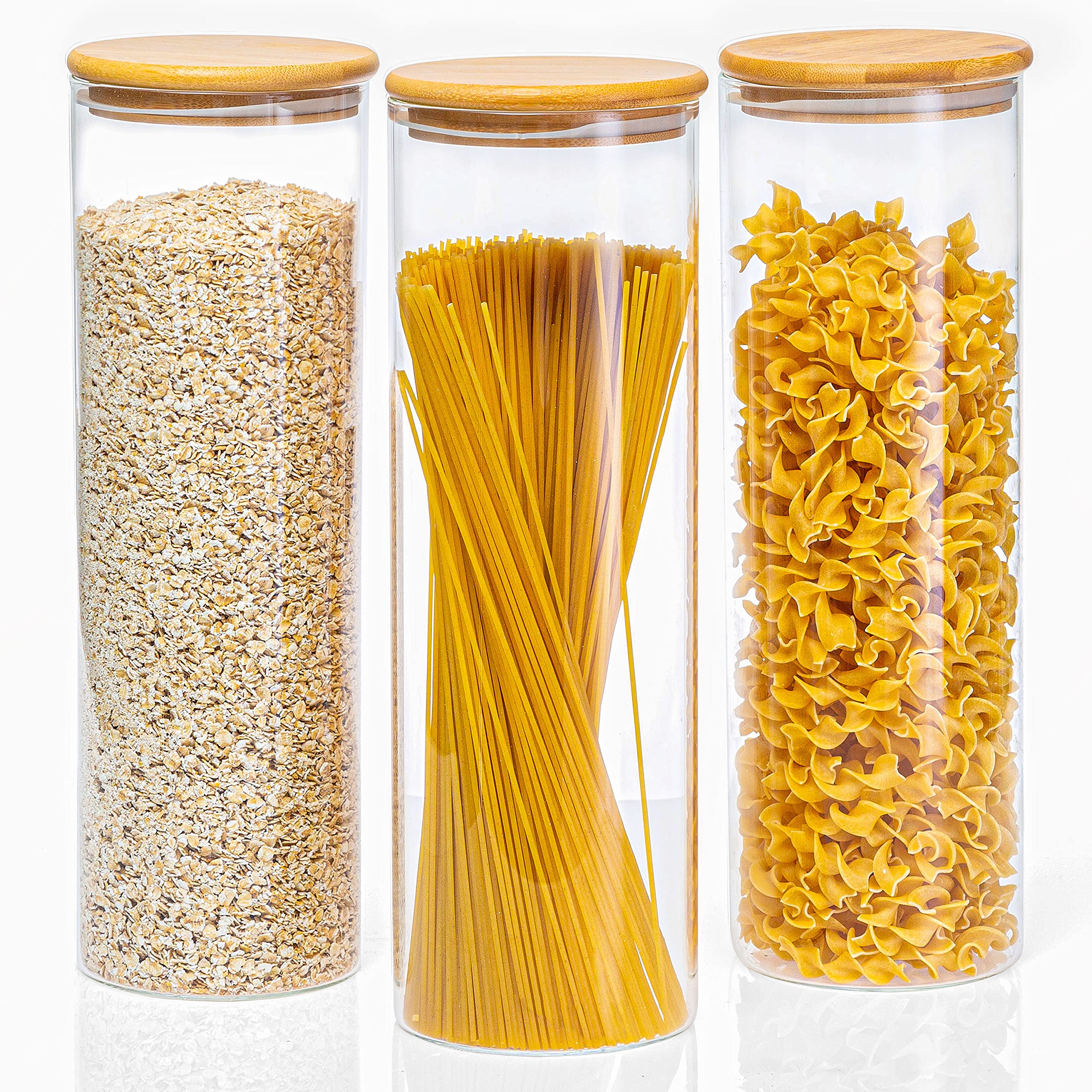 Crutello Glass Food Storage Containers With Bamboo Lids, 3 Pack - 72 Fluid Oz Airtight Clear Kitchen Organization Canisters - A