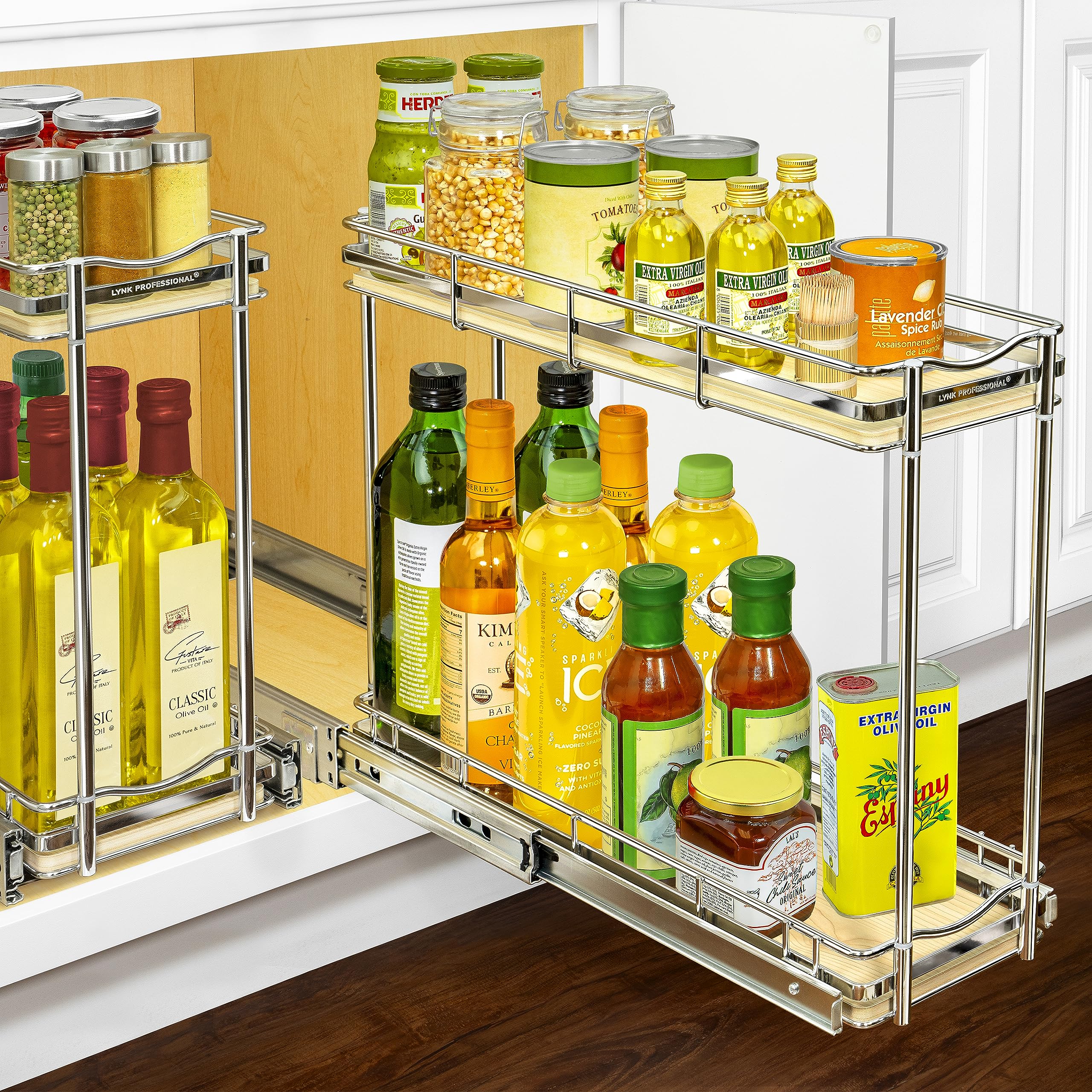 Lynk Professional   Lite Pull Out Spice Rack Organizer For Inside Kitchen Cabinets - 6X21 - Slide Out Drawer - Wood/Chrome S