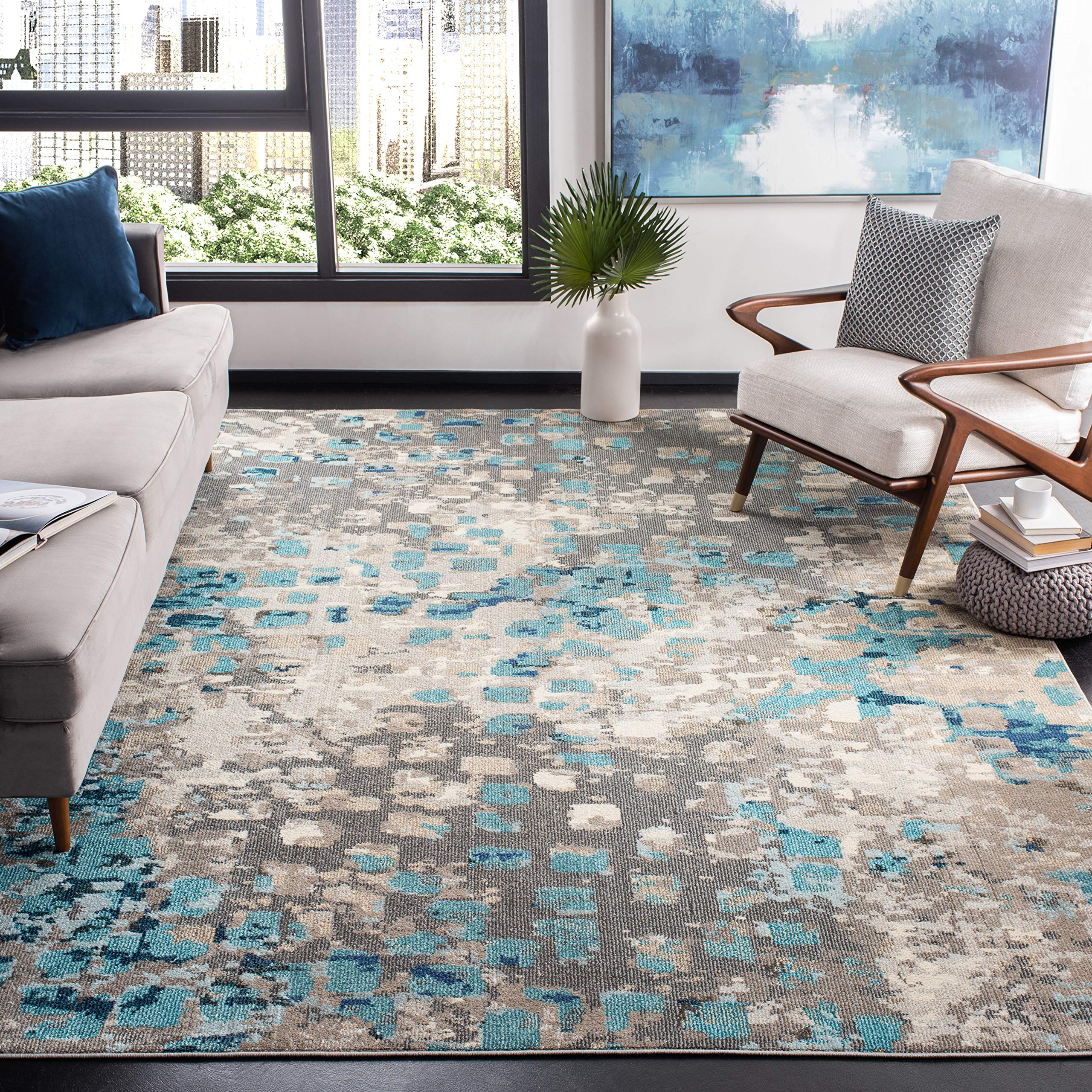 SAFAVIEH Madison Collection 3 Square Grey/Blue MAD425E Boho Abstract Distressed Non-Shedding Living Room Bedroom Accent Rug
