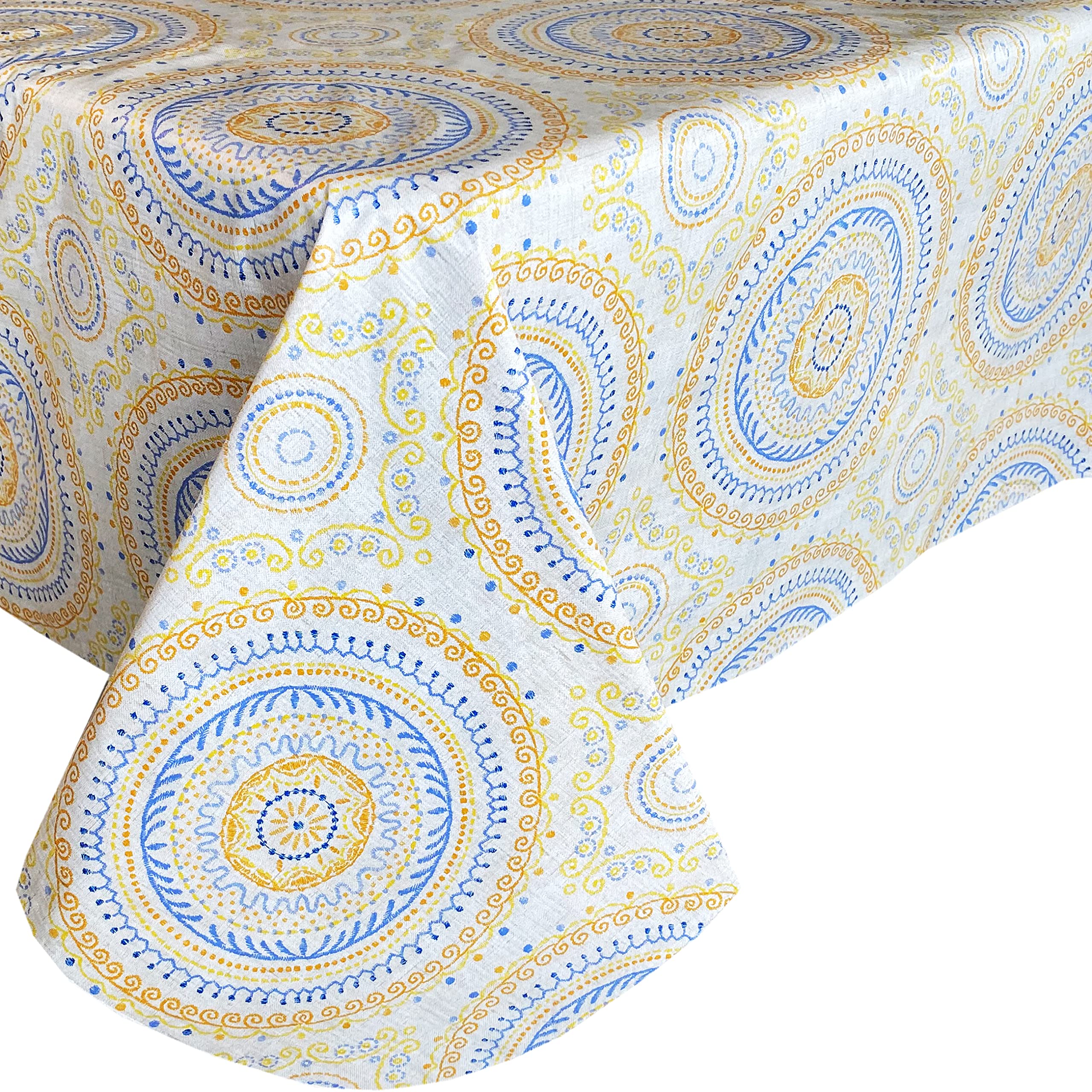 Newbridge Boho Circle Stitch Vinyl Tablecloth With Flannel Backing, Blue, Yellow And Coral Spring And Summer Indoor Outdoor Flan
