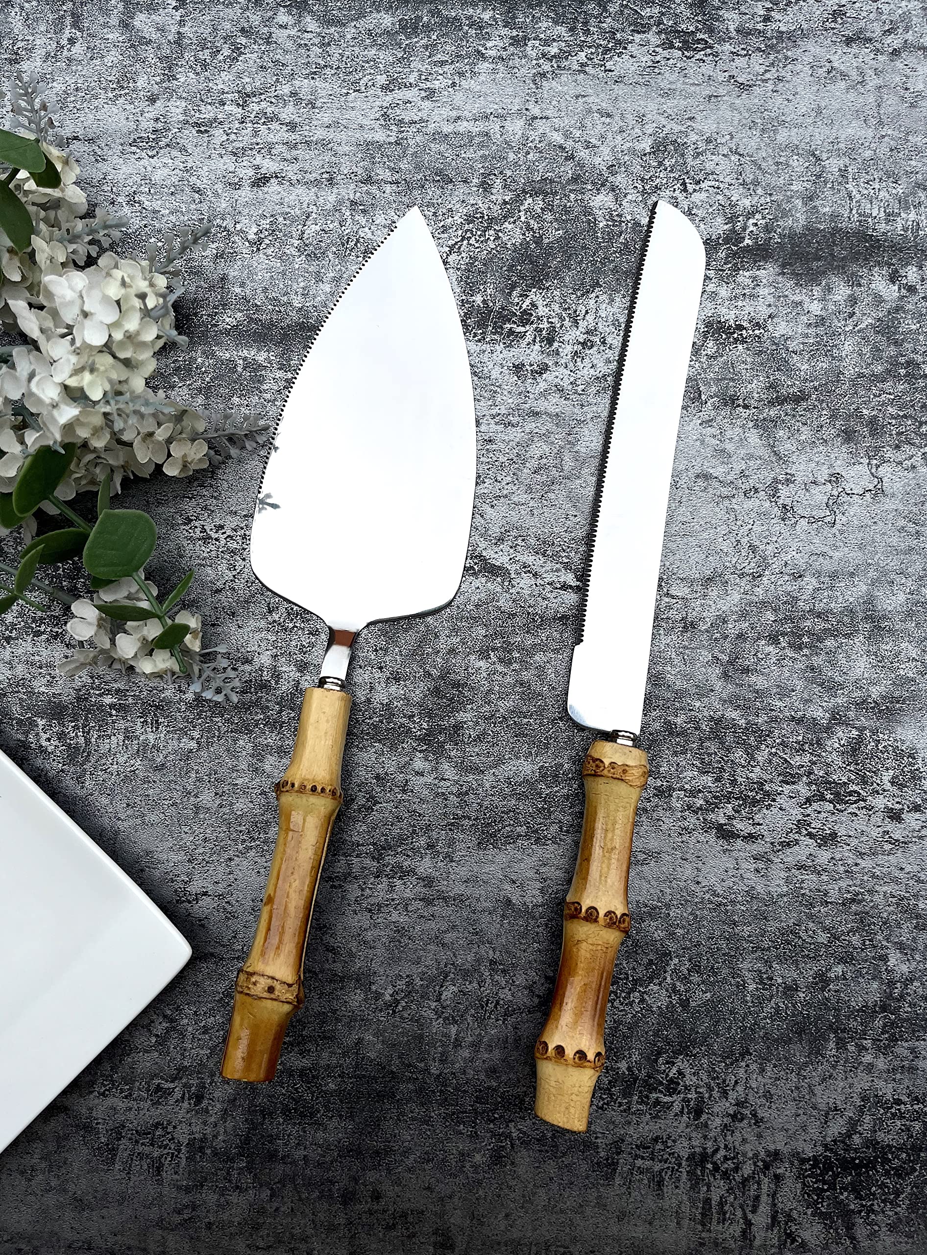 Nature Real Bamboo Handle Flatware 5-Piece Set, Stainless Steel 18/10 Food Safety Grade Silverware Cutlery Set Eating Utensils M