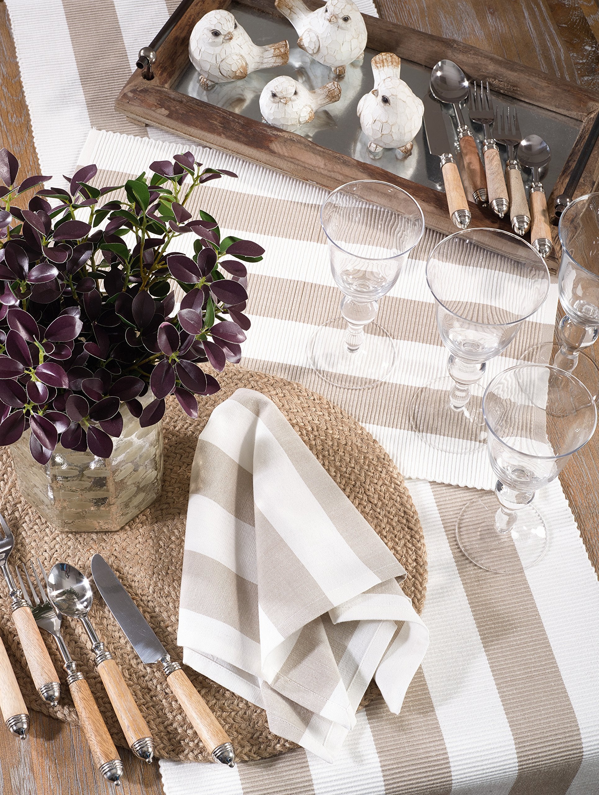Saro Lifestyle Classic Stripe Ribbed Cotton Table Runner 16'' X 72'' Taupe