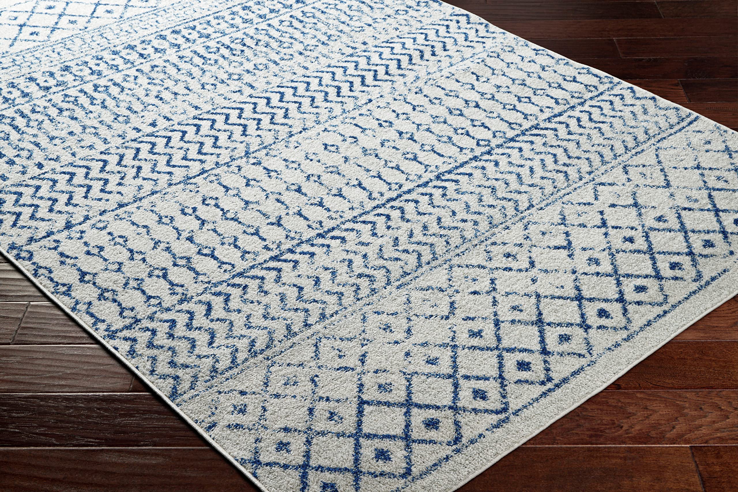 Livabliss Area Rugs - 5ft Round Chester Boho Moroccan Cream Rug for Living Room Bedroom - Blue Slate Gray Geometric Stain Resist