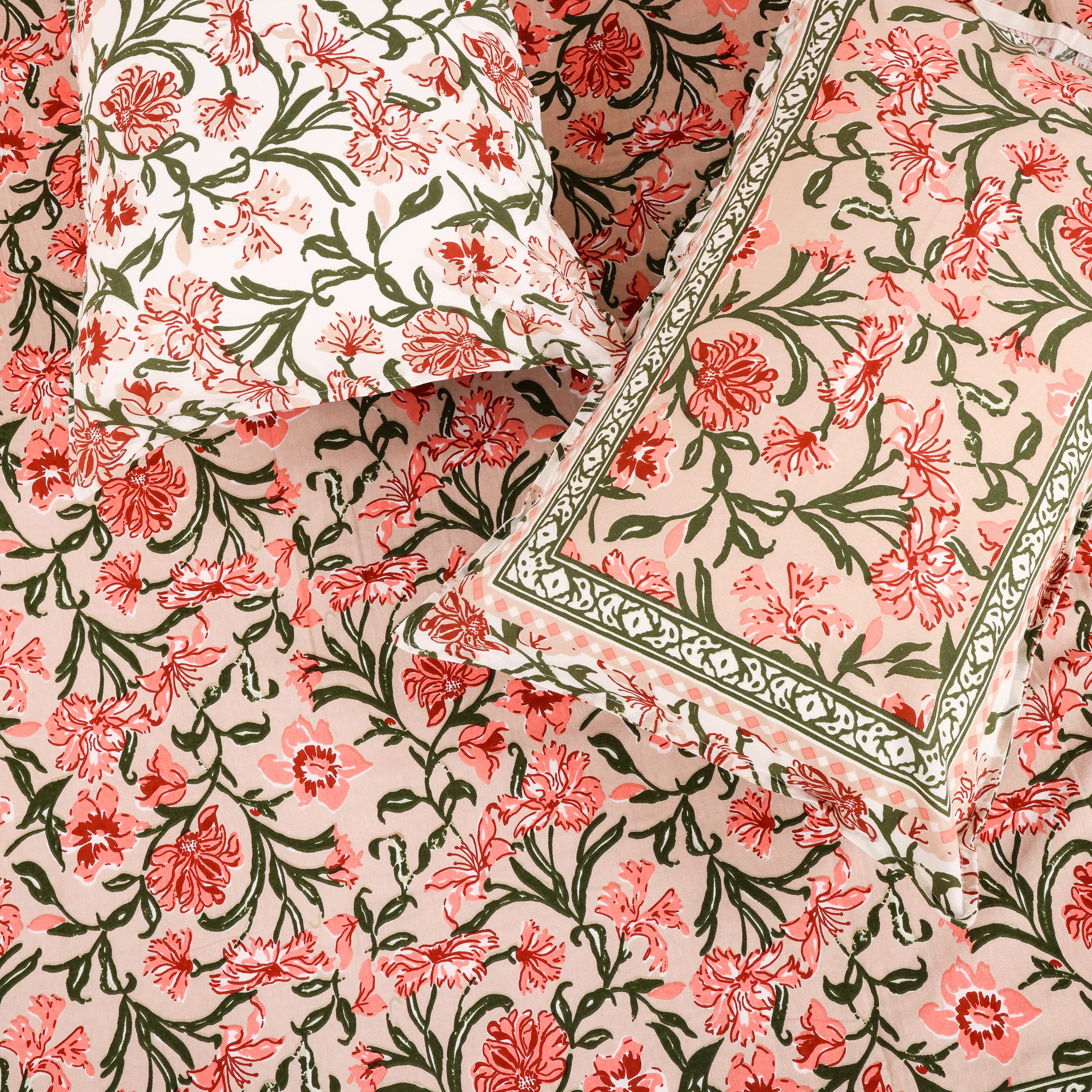 Pure Cotton Block Print Jaipuri Bedsheet For Double Bed With 2 Pillow Covers - Super King Size - Peach Floral