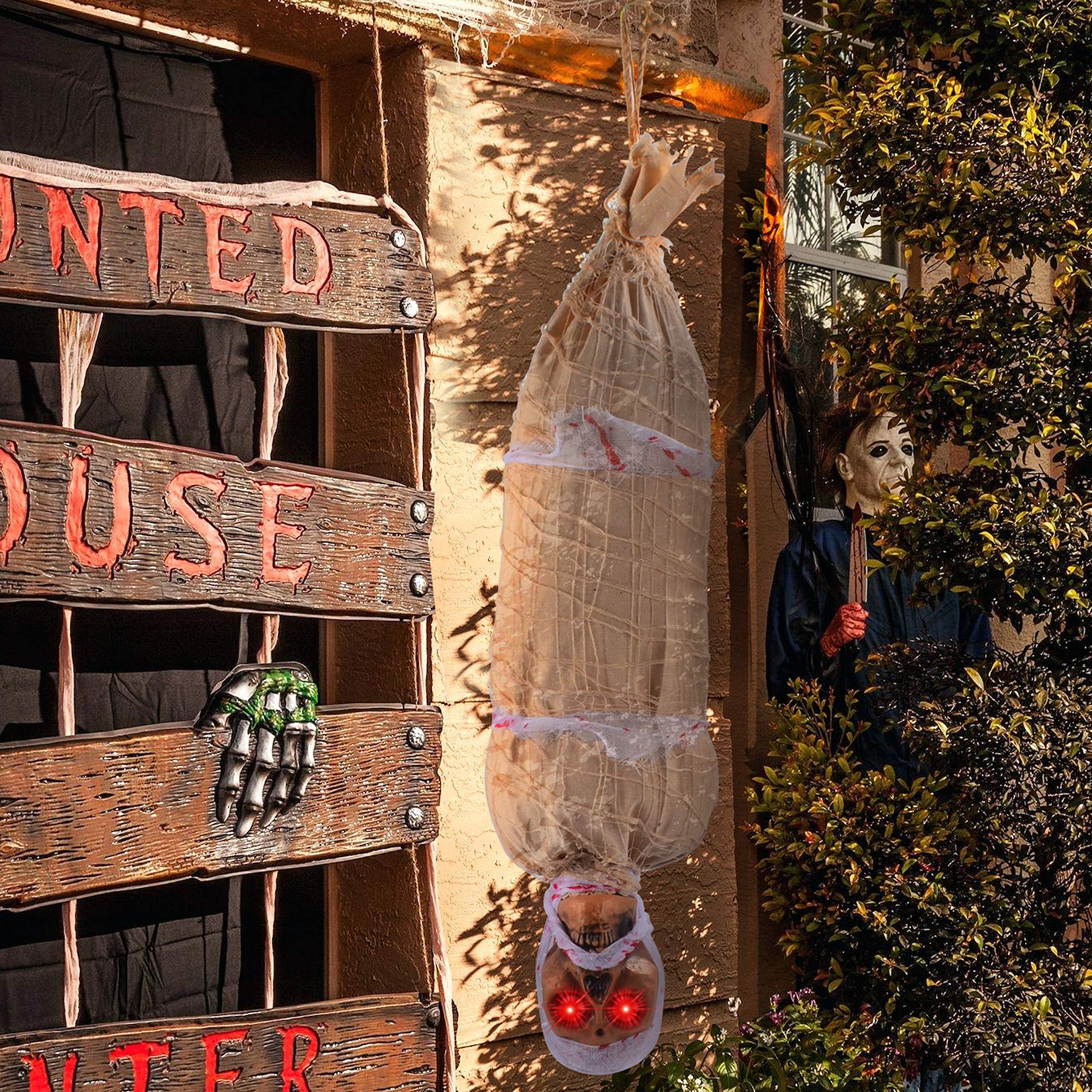 JOYIN 35 Halloween Animated Hanging Cocoon Corpse Decoration, Dead Body Prop with LED Light Up Eyes & Sound Effect, Spooky Corps