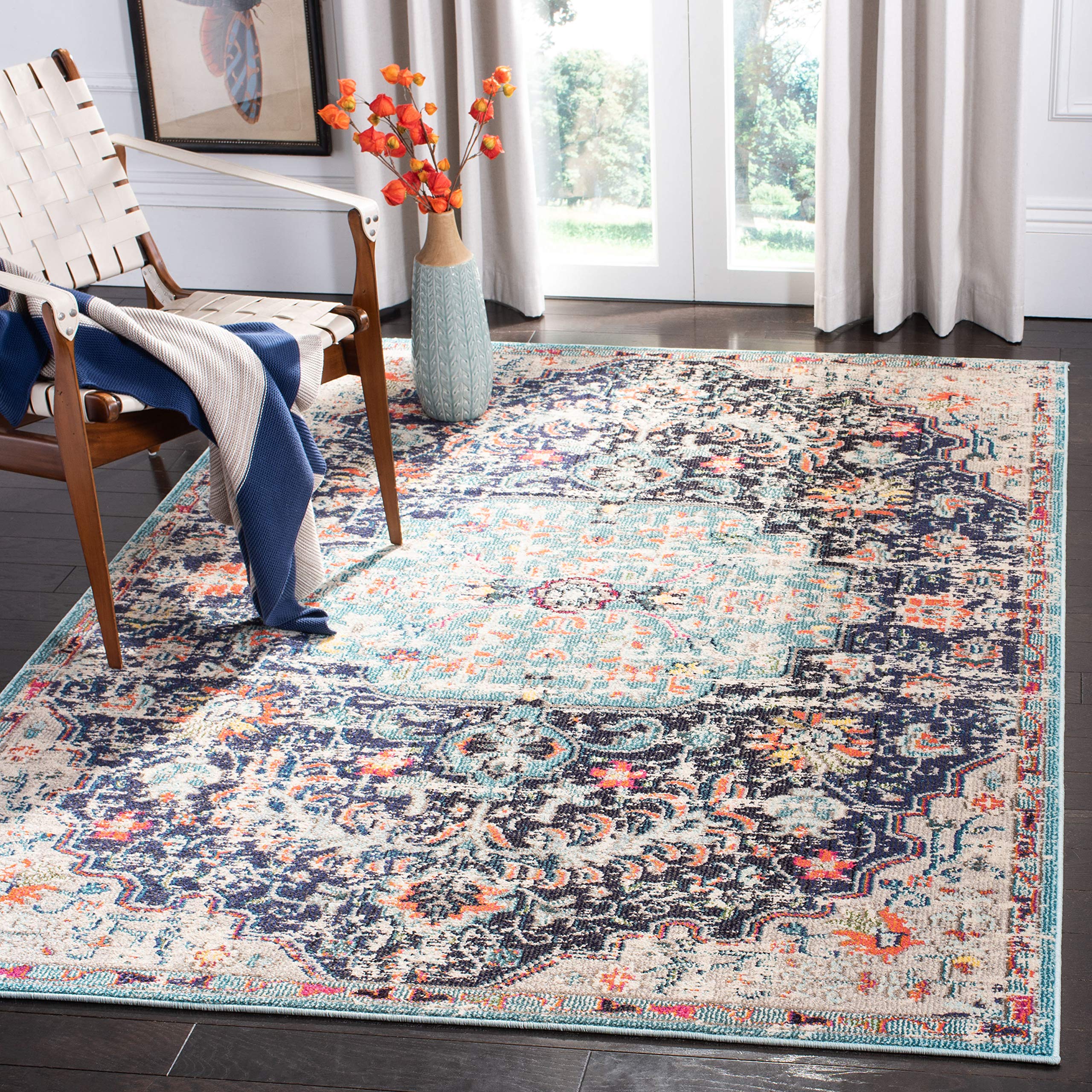 SAFAVIEH Madison Collection Area Rug - 5 x 7, Black & Teal, Boho Chic Medallion Distressed Design, Non-Shedding & Easy Care, I