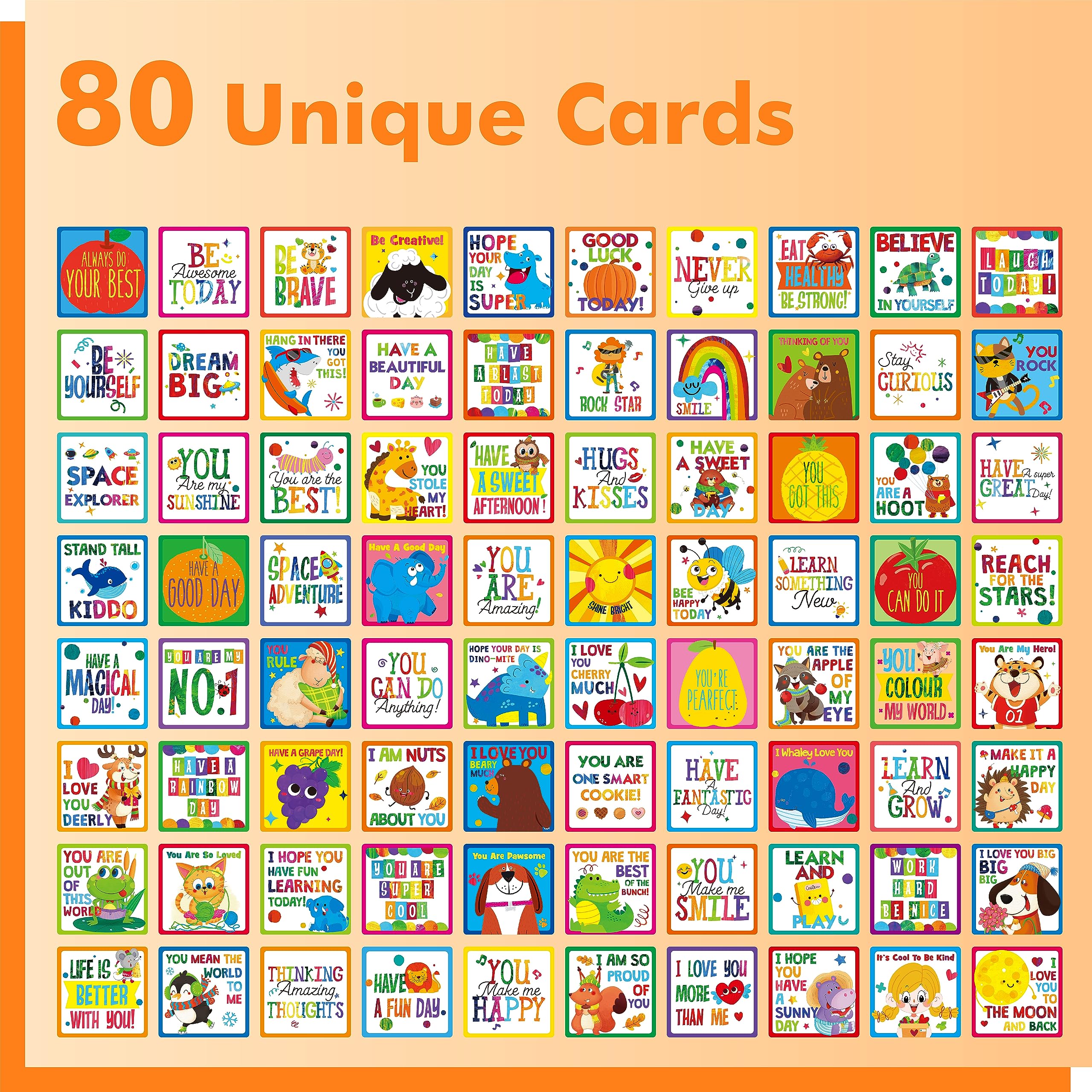 Gethelud 80 Pcs Lunch Box Notes For Kids, Inspirational Words With Adorable Designs Positive Affirmation Cards For Boys And Girl