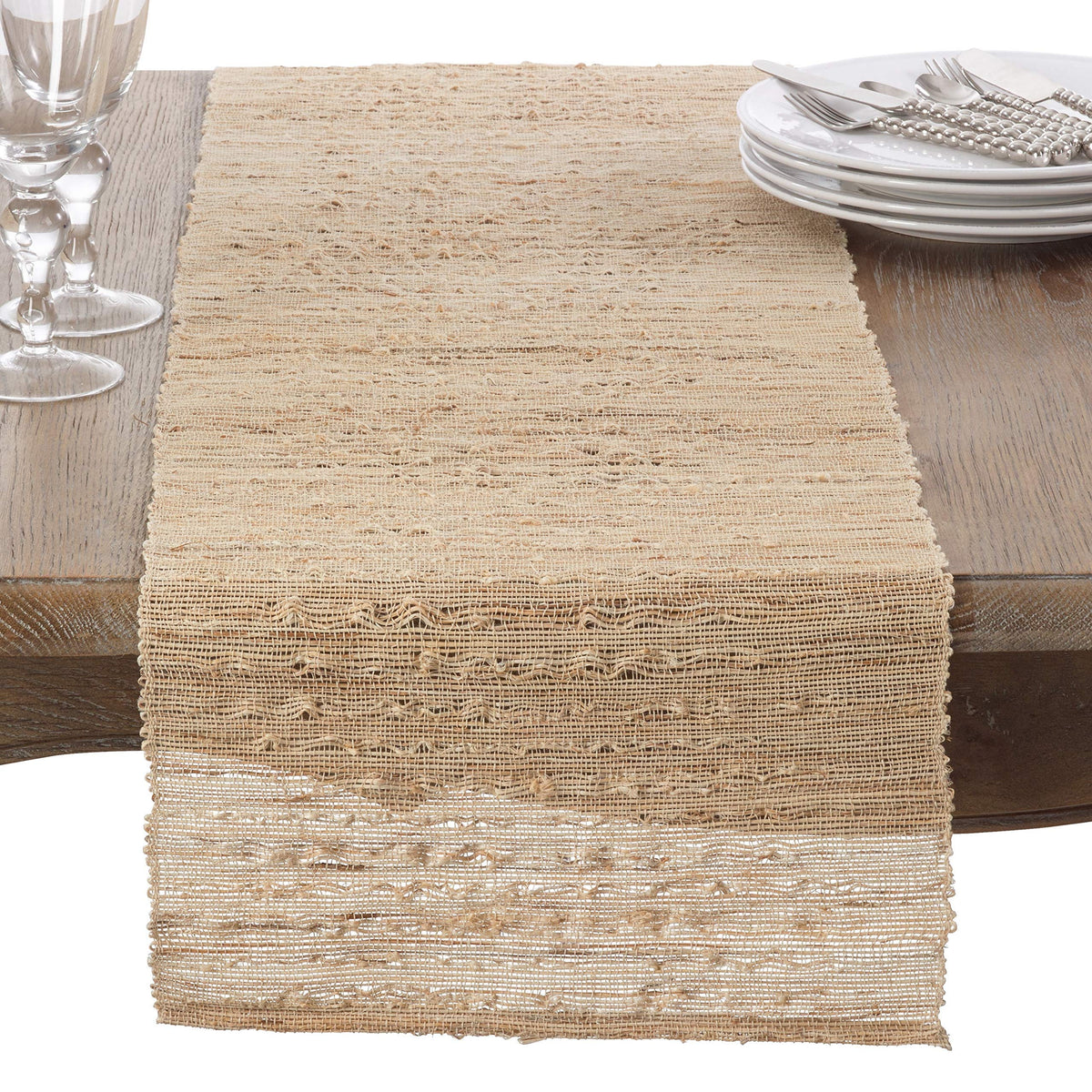 Woven Nubby Natural Ramie Rustic Table Runner 14'' W X 90'' L - Natural Nubby Table Runner For Home Everyday Use, Kitchen, Banqu