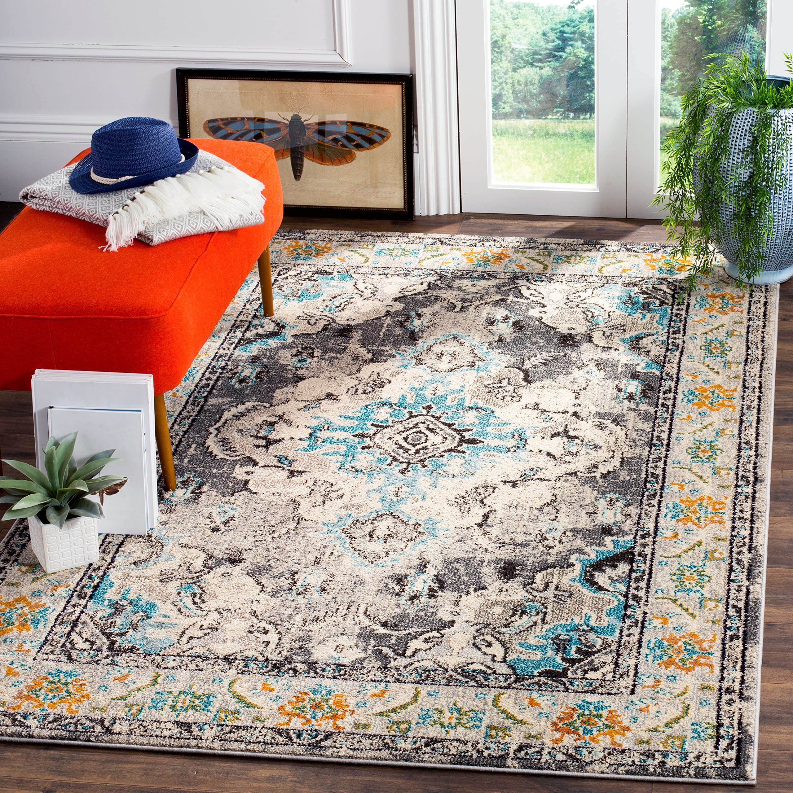 SAFAVIEH Monaco Collection 3 x 5 GreyLight Blue MNC243G Boho Chic Medallion Distressed Non-Shedding Living Room Bedroom Accent