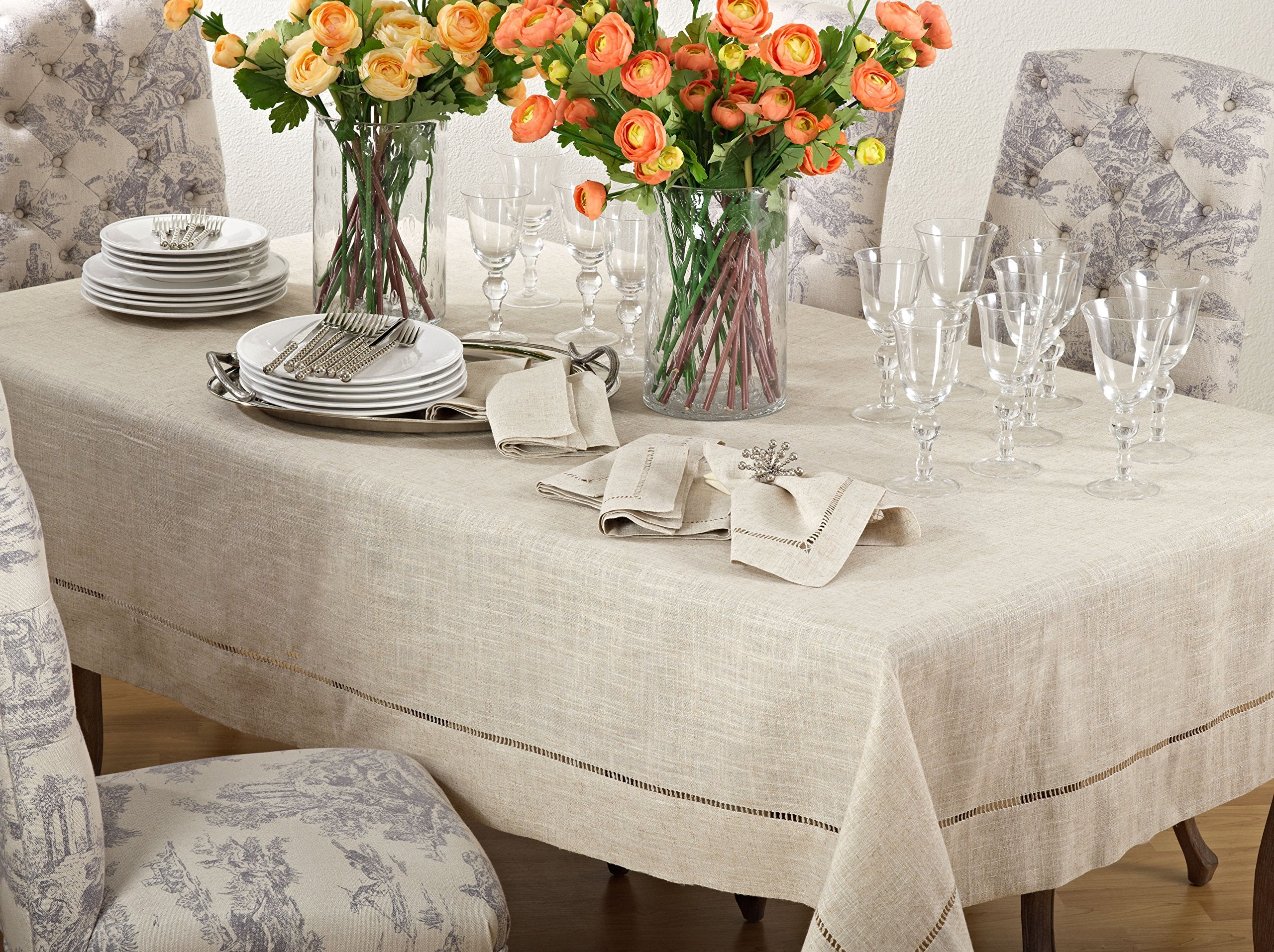 Saro Lifestyle Poly And Linen Blend Toscana Tablecloth With Hemstitch Border, Natural, 65''X140''