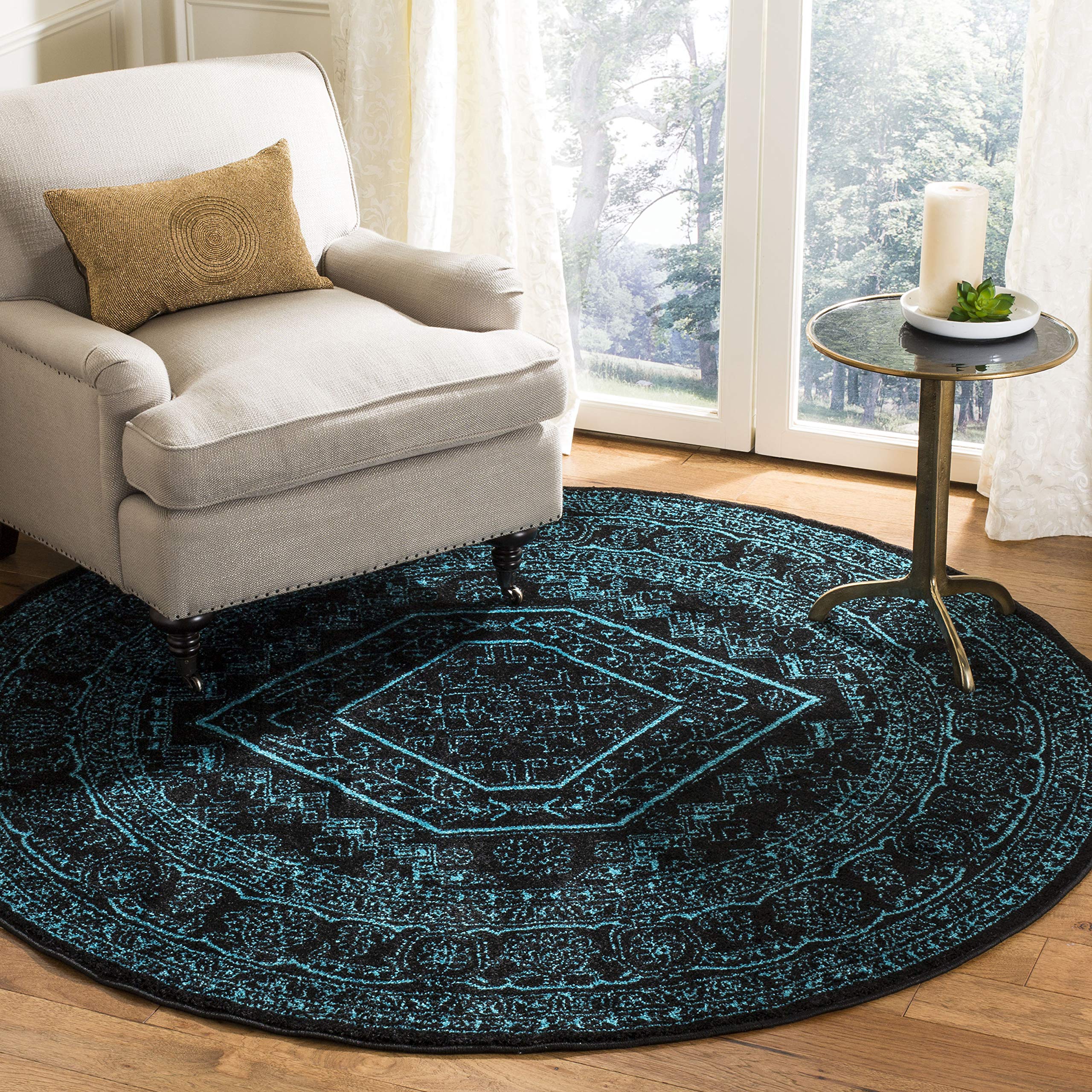 Safavieh Adirondack Collection Area Rug - 4 Round, Black & Teal, Oriental Medallion Design, Non-Shedding & Easy Care, Ideal for