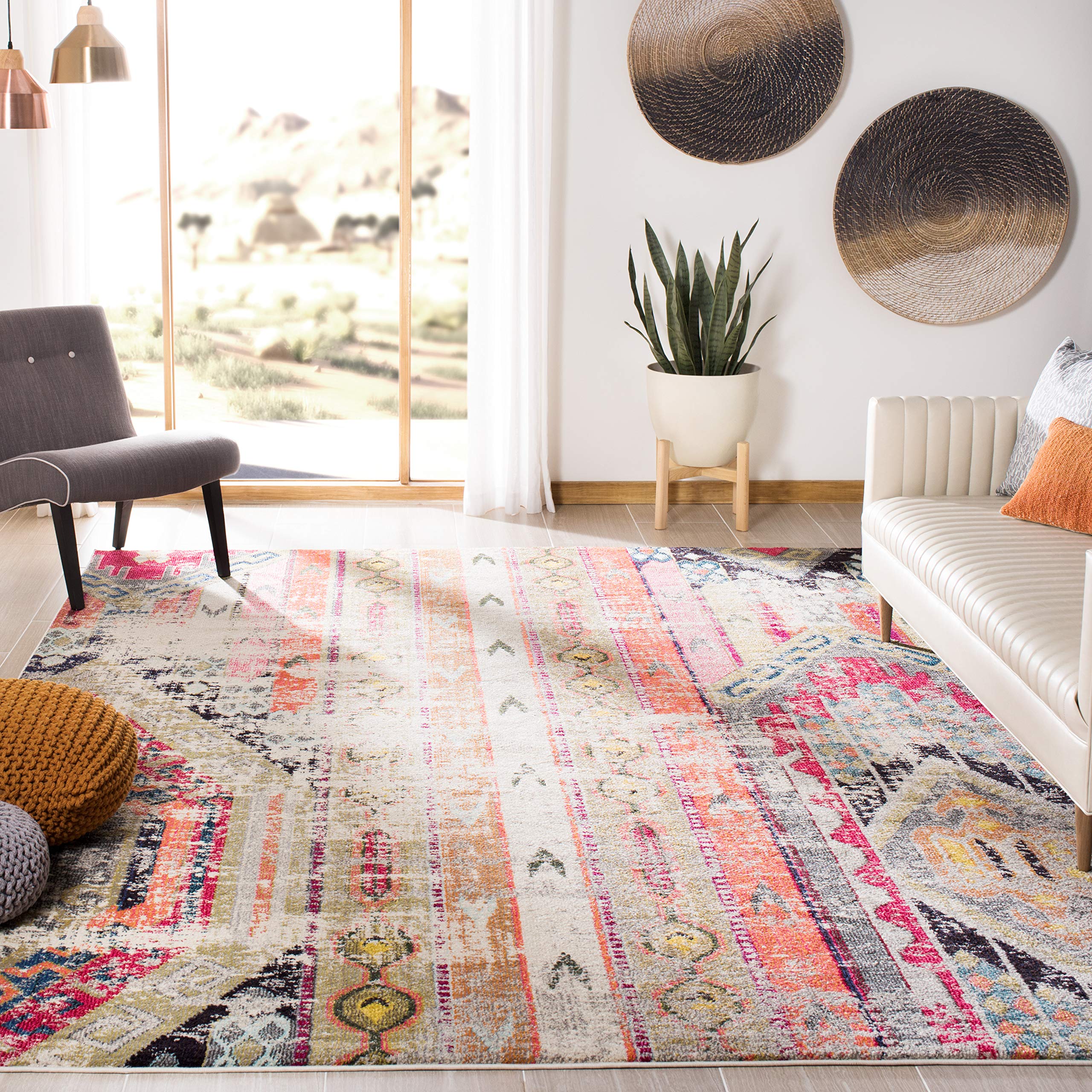 SAFAVIEH Monaco Collection Area Rug - 9 x 12, Light Grey & Multi, Boho Chic Tribal Distressed Design, Non-Shedding & Easy Care