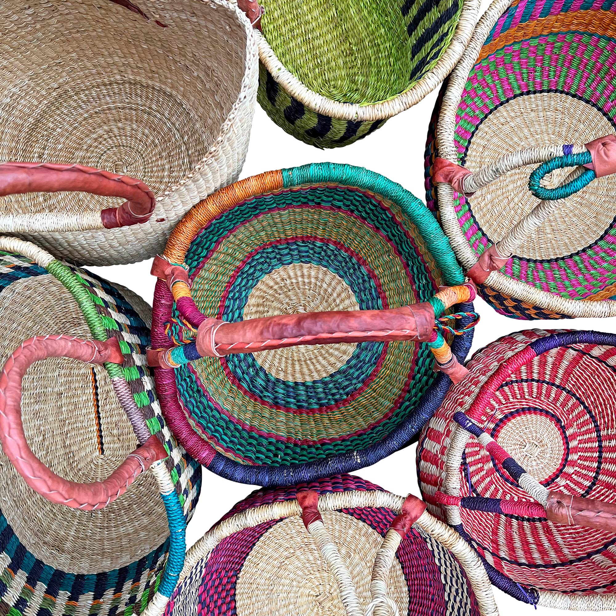 Africa Heartwood Project - Deluxe Colorful African Basket With Leather Handles - Handmade From Dried Elephant Grass, Hand-Woven