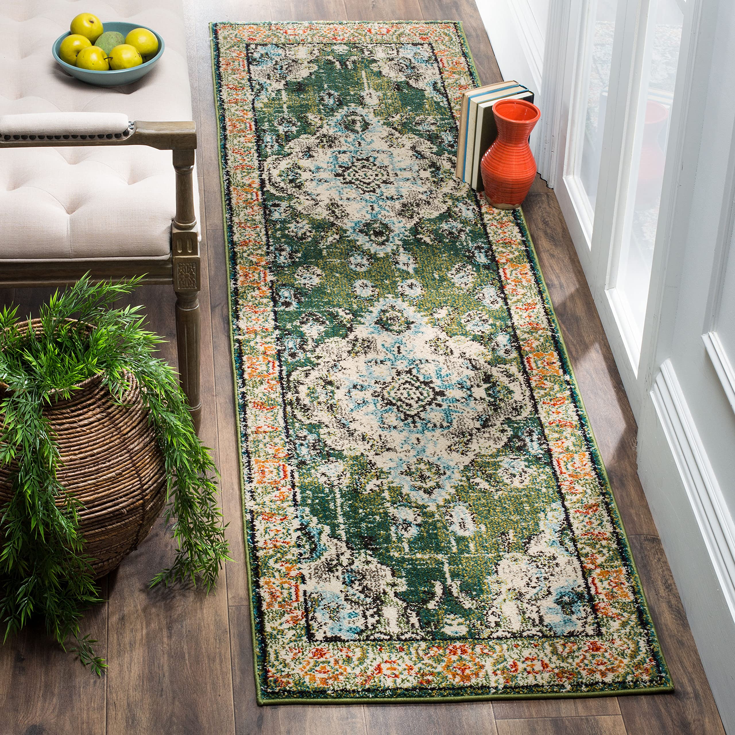 SAFAVIEH Monaco Collection Runner Rug - 22 x 6, Forest Green & Light Blue, Medallion Distressed Design, Non-Shedding & Easy Ca