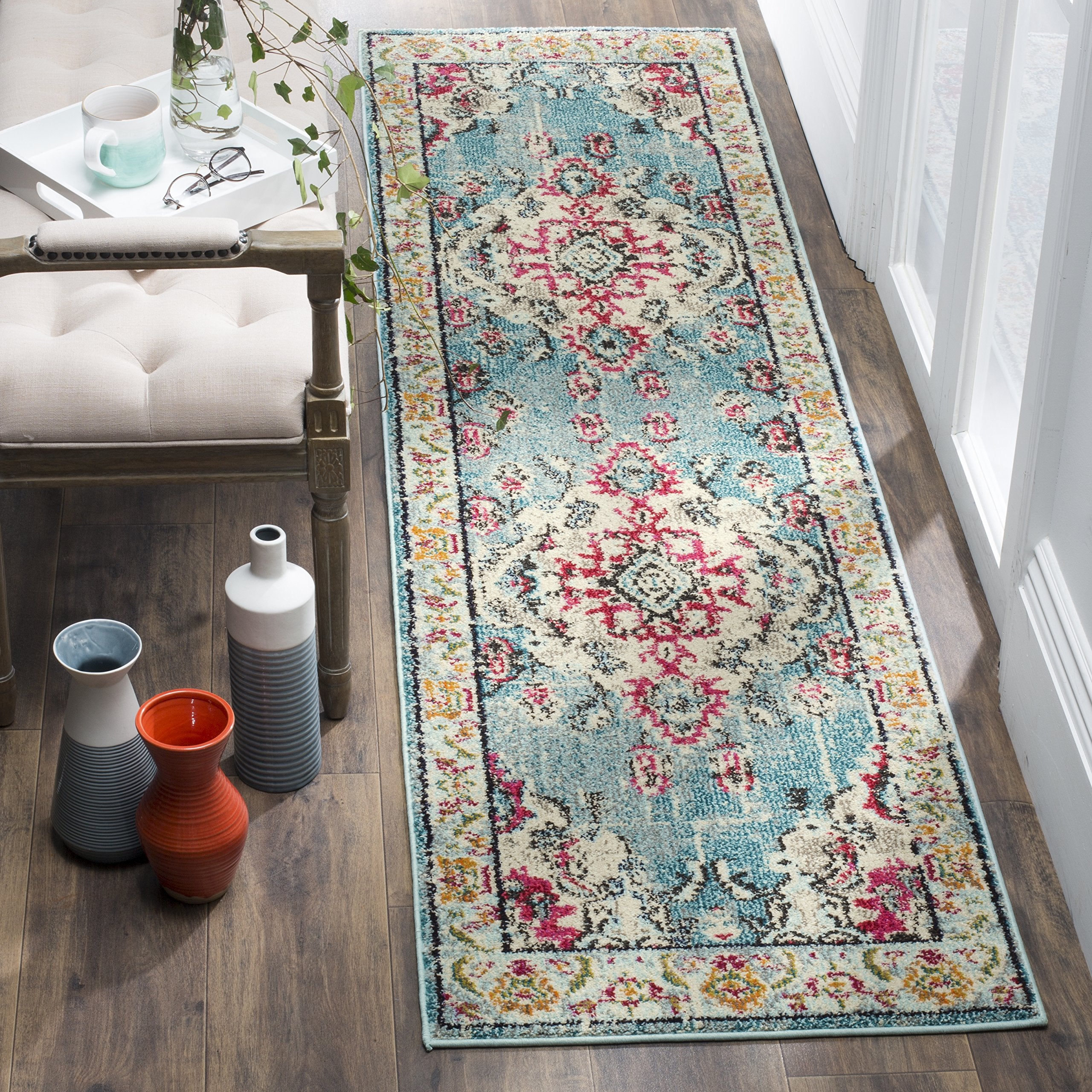 SAFAVIEH Monaco Collection Runner Rug - 22 x 20, Light Blue & Fuchsia, Medallion Distressed Design, Non-Shedding & Easy Care, 