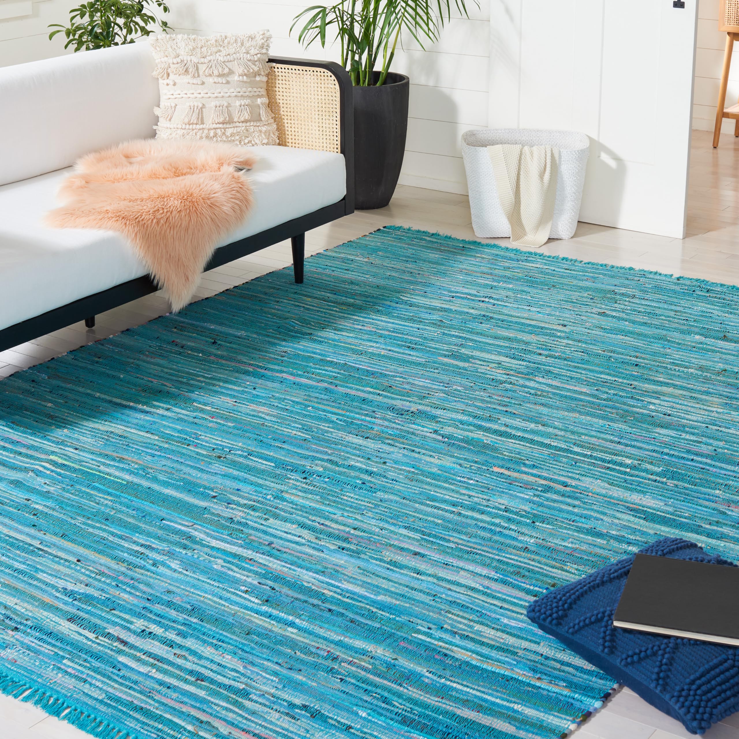 SAFAVIEH Rag Rug Collection X-Large Area Rug - 11 x 15, Blue & Multi, Handmade Boho Stripe Cotton, Ideal for High Traffic Area
