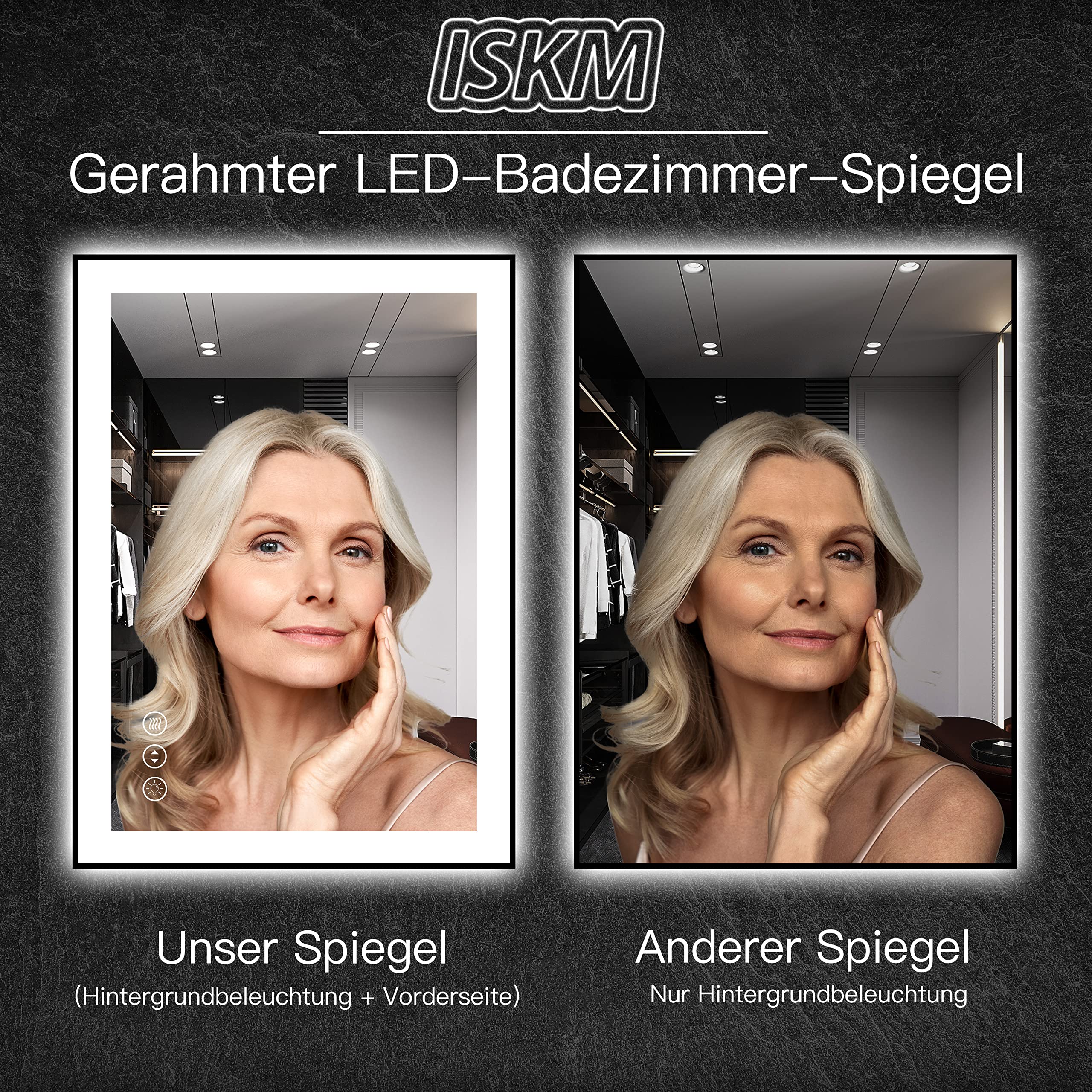 Iskm 32X24 Inch Led Bathroom Mirror With Black Frame, Front Light And Backlit, Stepless Dimmable, Anti-Fog, Shatter-Proof, Memor