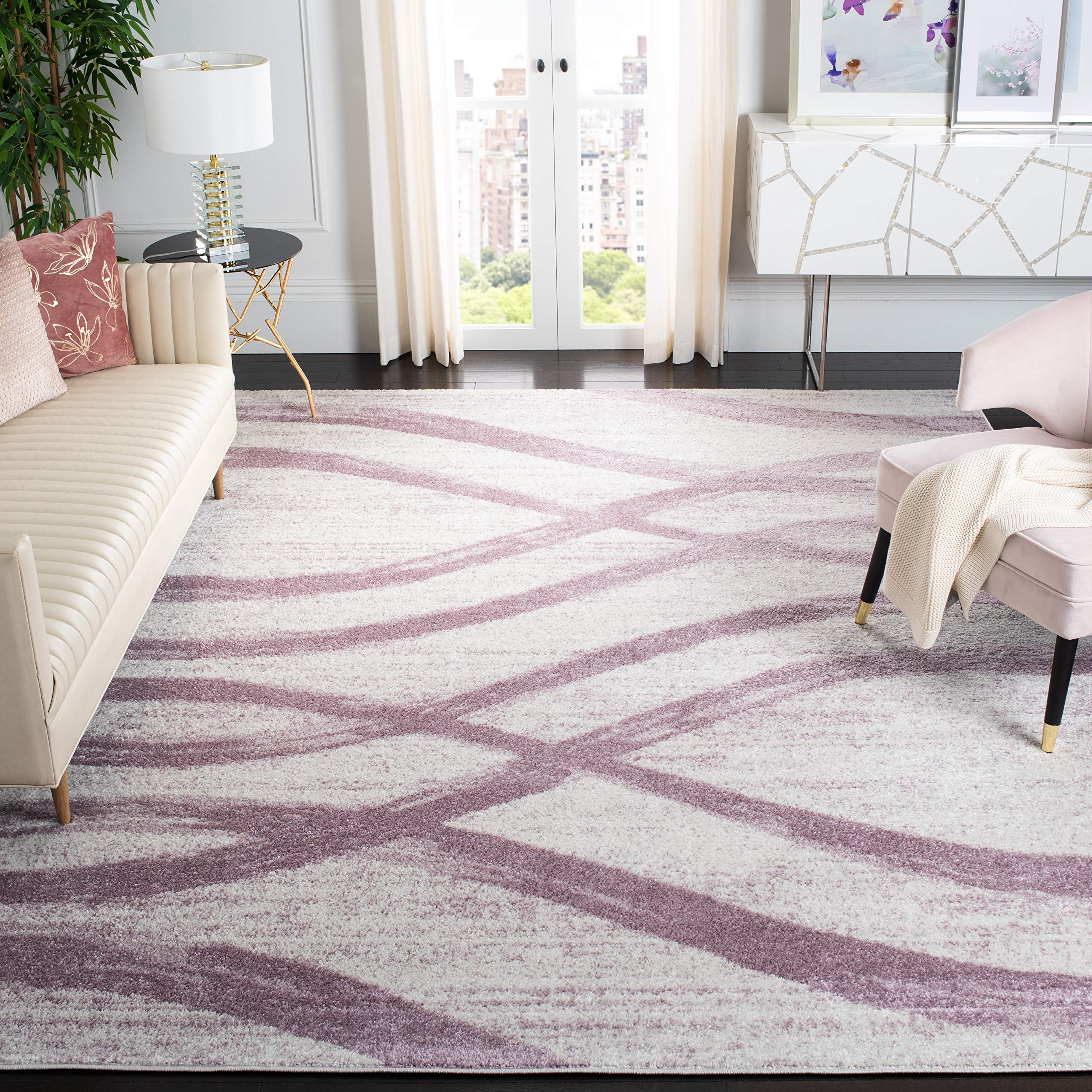 SAFAVIEH Adirondack Collection Area Rug - 9 x 12, Cream & Purple, Modern Wave Distressed Design, Non-Shedding & Easy Care, Ide