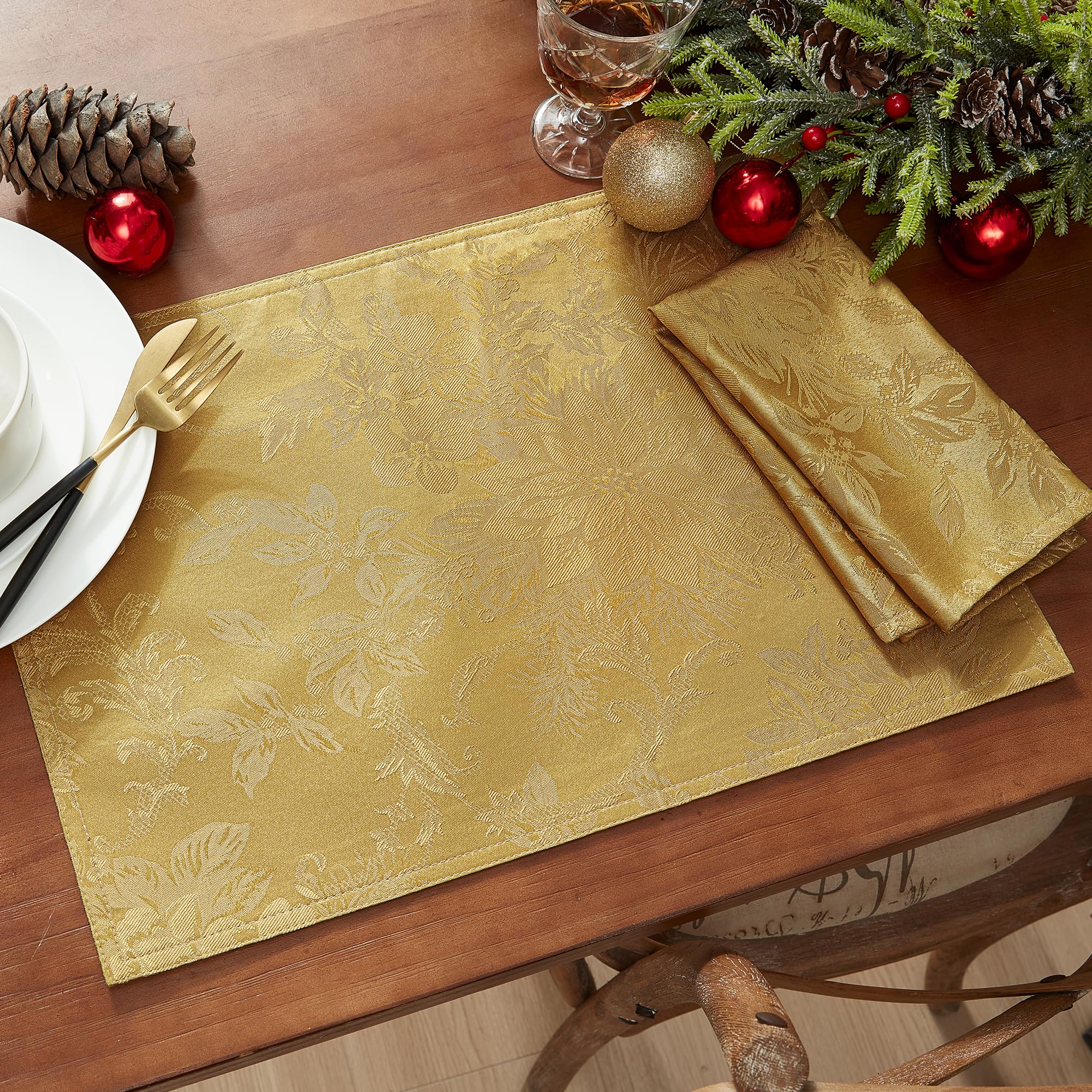 Elrene Home Fashions Poinsettia Elegance Jacquard Christmas/Holiday Cloth Dinner Napkins, Set Of 4, 17''X17'', Gold