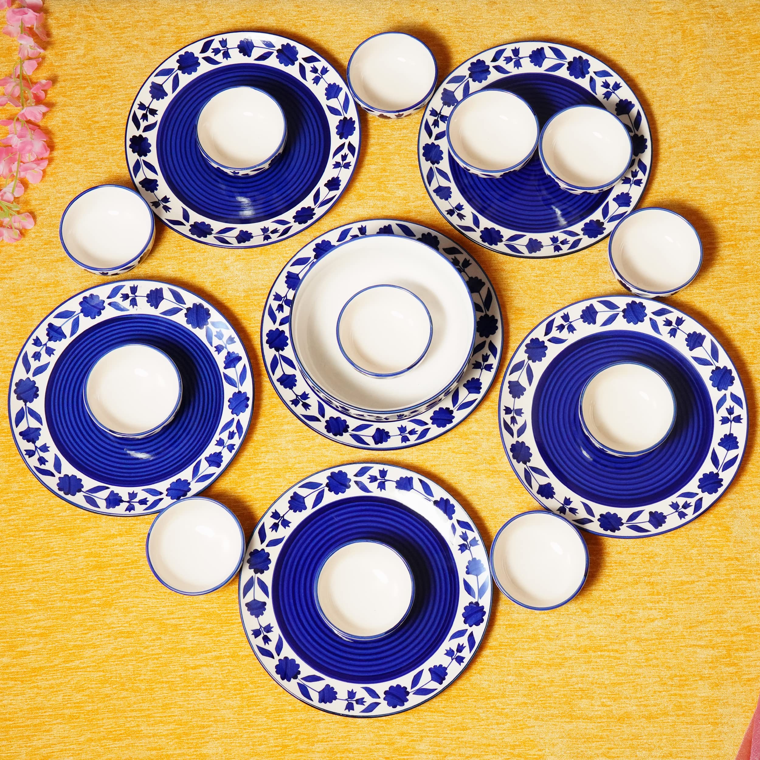 Freakway Floral Hand-Painted Ceramic Dinner Set Of 19 Pieces Including (10 Inch) 6 Stoneware Dinner Plates, 12 Serving Bowls (18