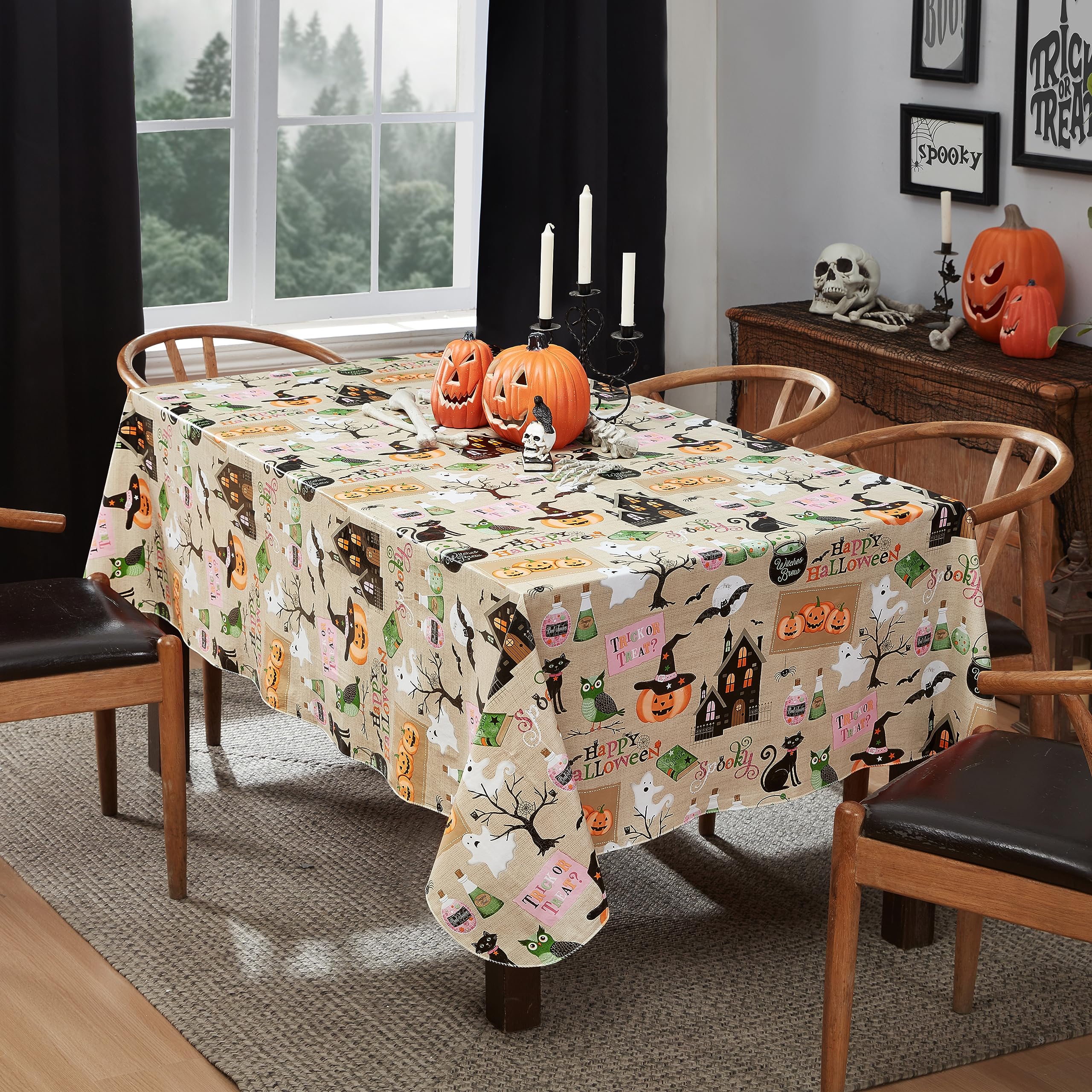 Newbridge Happy Halloween Witches Brew 52 X 52 Inch Square Vinyl Tablecloth With Flannel Backing, Witch Spells, Ghosts, Bats And