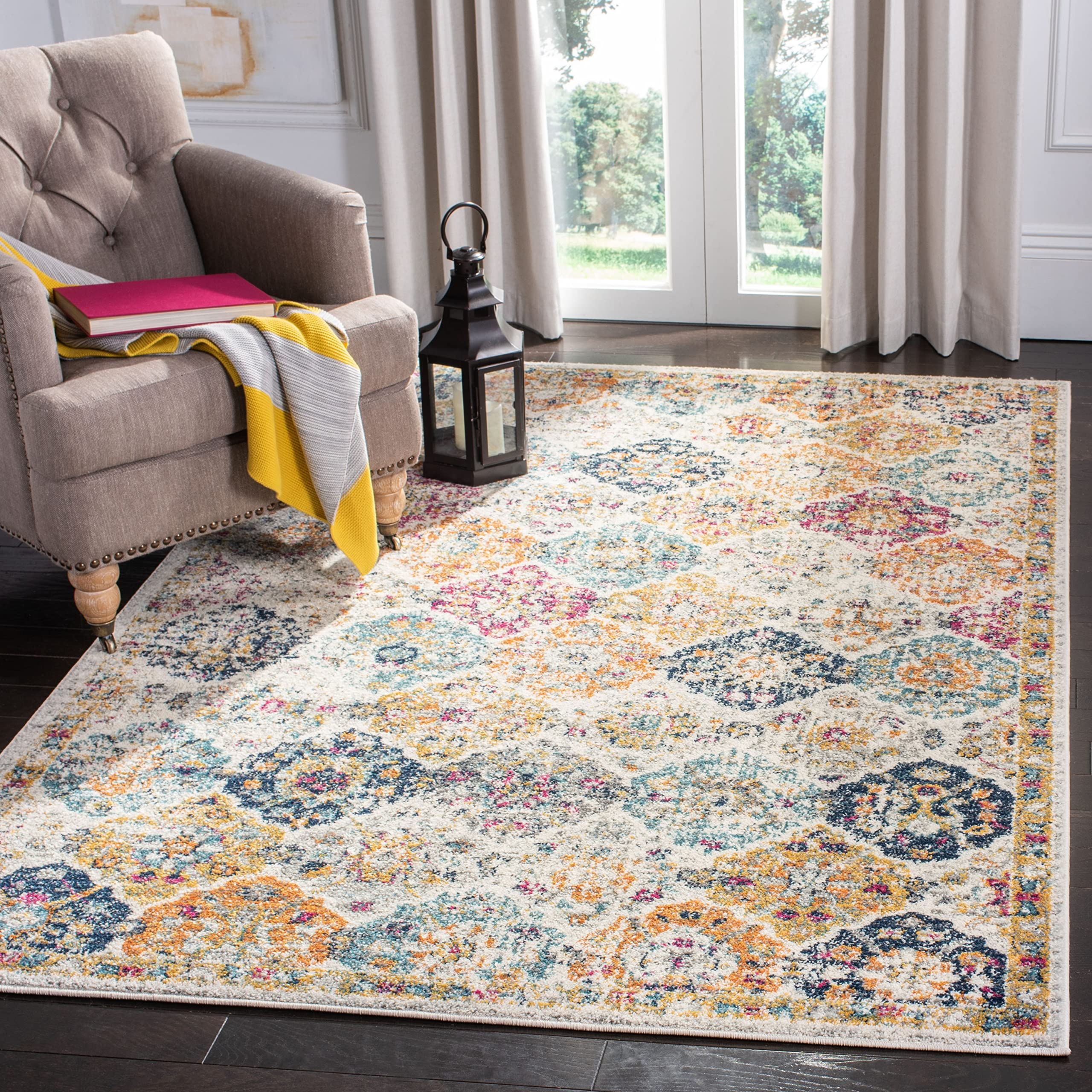 SAFAVIEH Madison Collection Area Rug - 3 Square, Cream & Multi, Boho Chic Distressed Design, Non-Shedding & Easy Care, Ideal fo