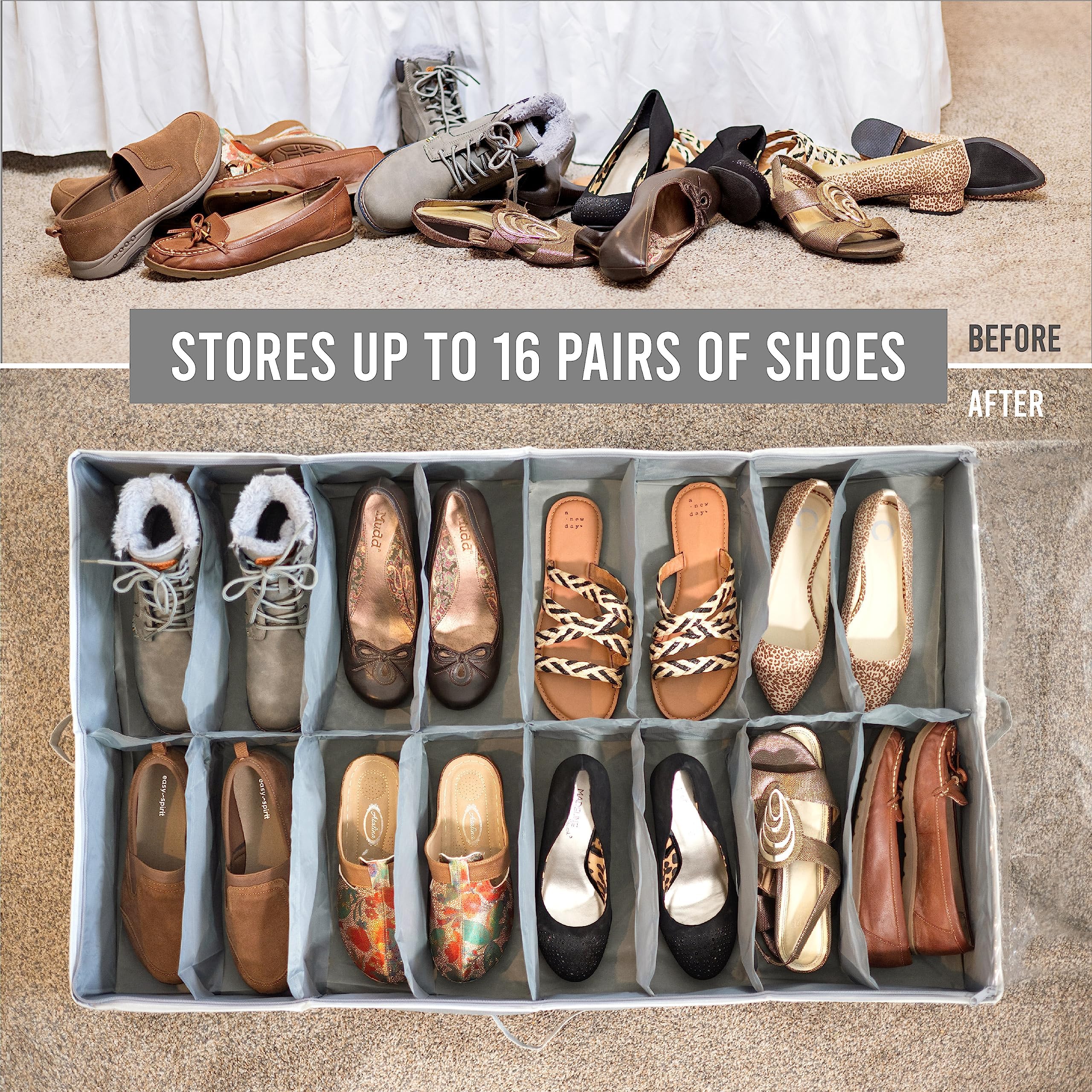 Under Bed Shoe Storage Organizer - TEAR-RESISTANT Heavy Duty 600D Material - Fits All Styles Men 's and Women 's Shoes, Up to 16