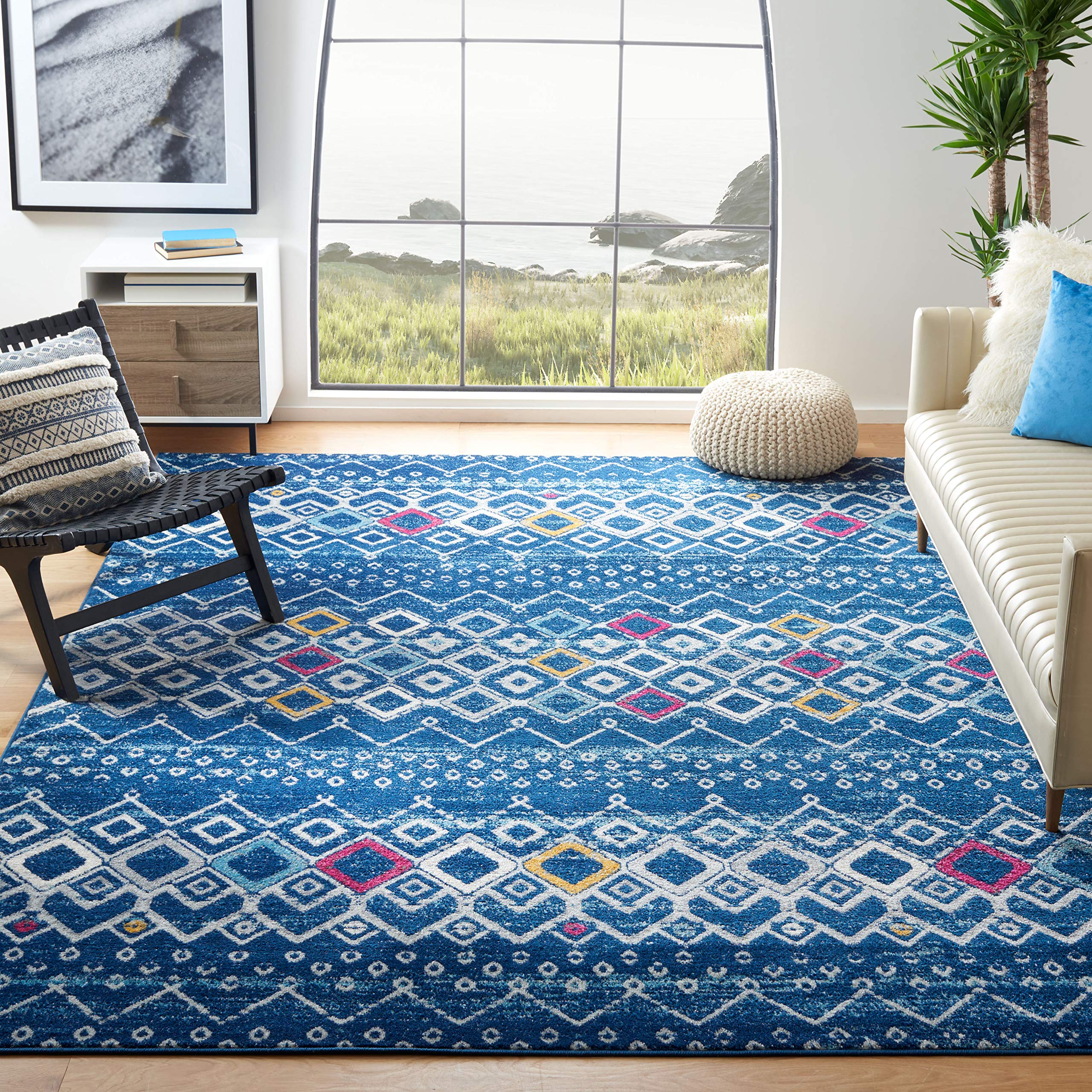 SAFAVIEH Amsterdam Collection X-Large Area Rug - 11 x 15, Navy & Turquoise, Moroccan Boho Design, Non-Shedding & Easy Care, Id