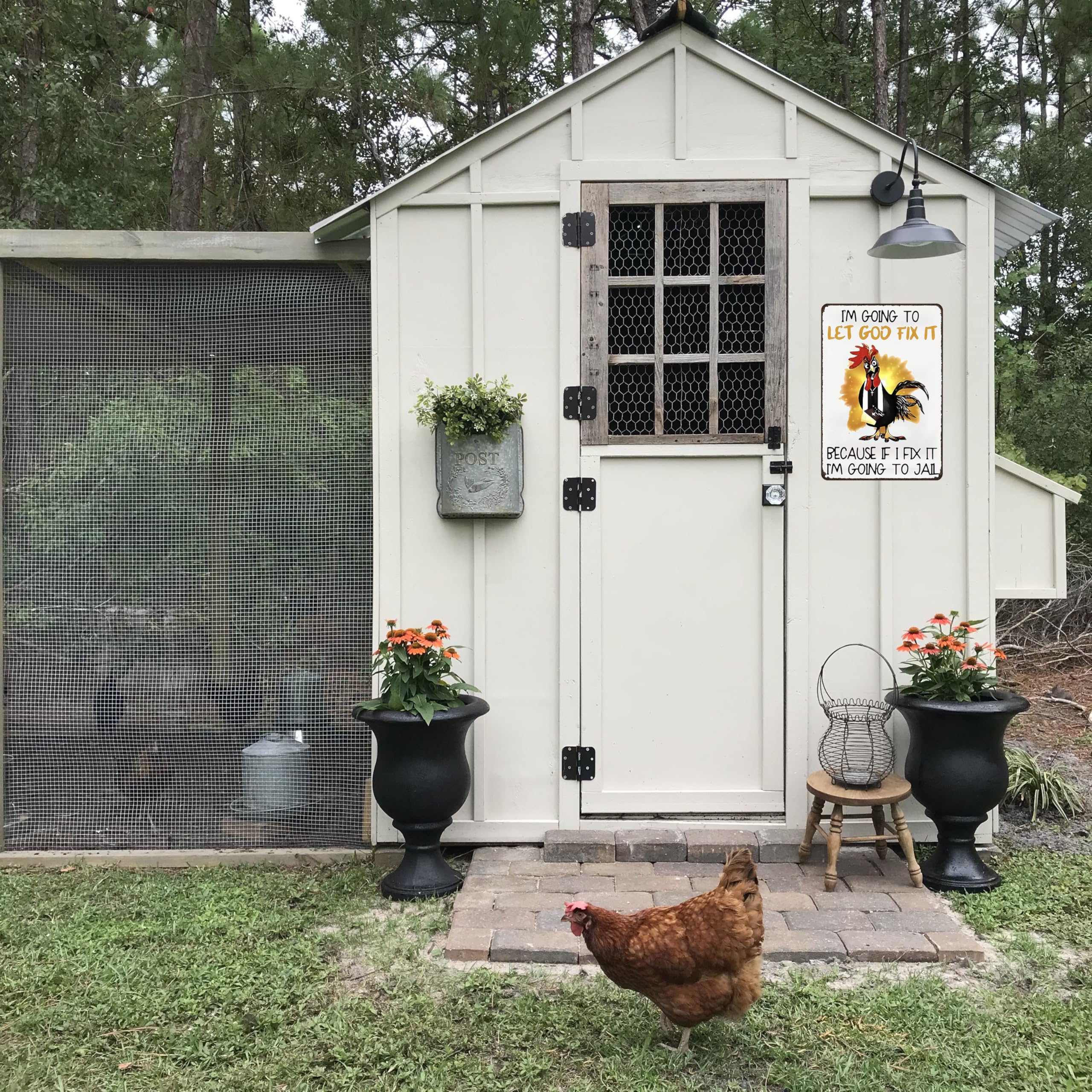 Smilelife Funny Chicken Gifts I m Going To Let God Fix It Tin Sign for Home Farm Chicken Coop Farmhouse Kitchen Garden Decor 8