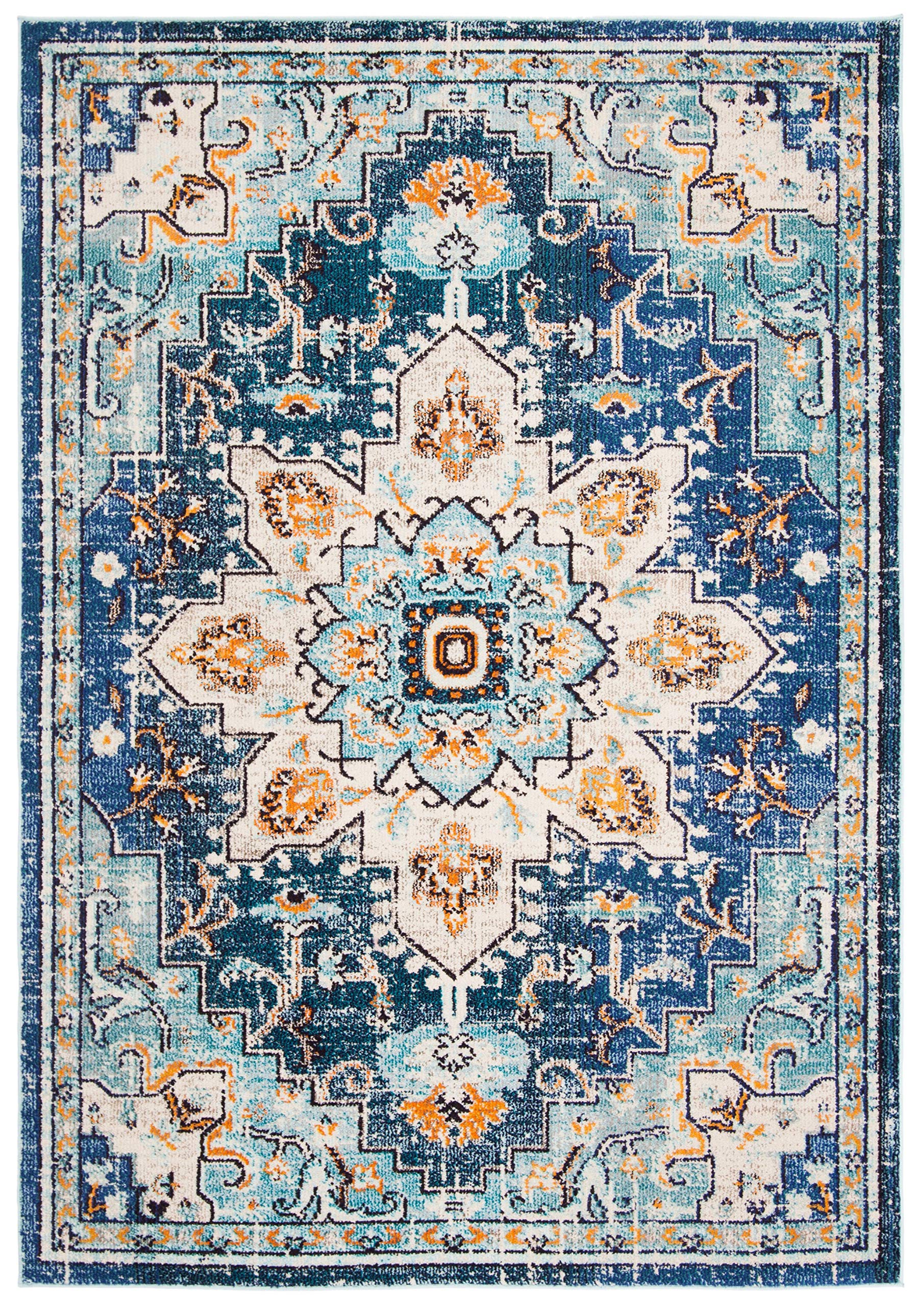 SAFAVIEH Madison Collection Accent Rug - 22 x 4, Blue & Light Blue, Medallion Distressed Design, Non-Shedding & Easy Care, Ide
