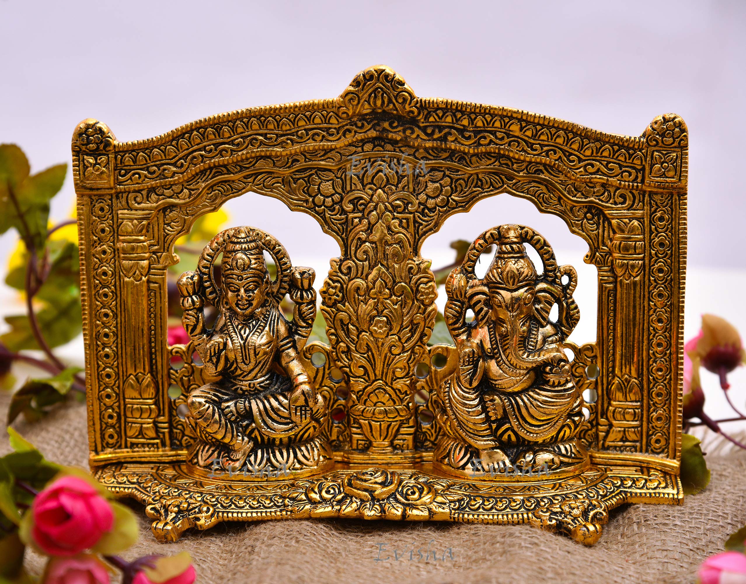 Evisha Golden Brass Lord Lakshmi/Ganesha Laxmi/Ganesh With Heavy Look Back Frame Statue Antique Finish Idols Murti Pooja Temple