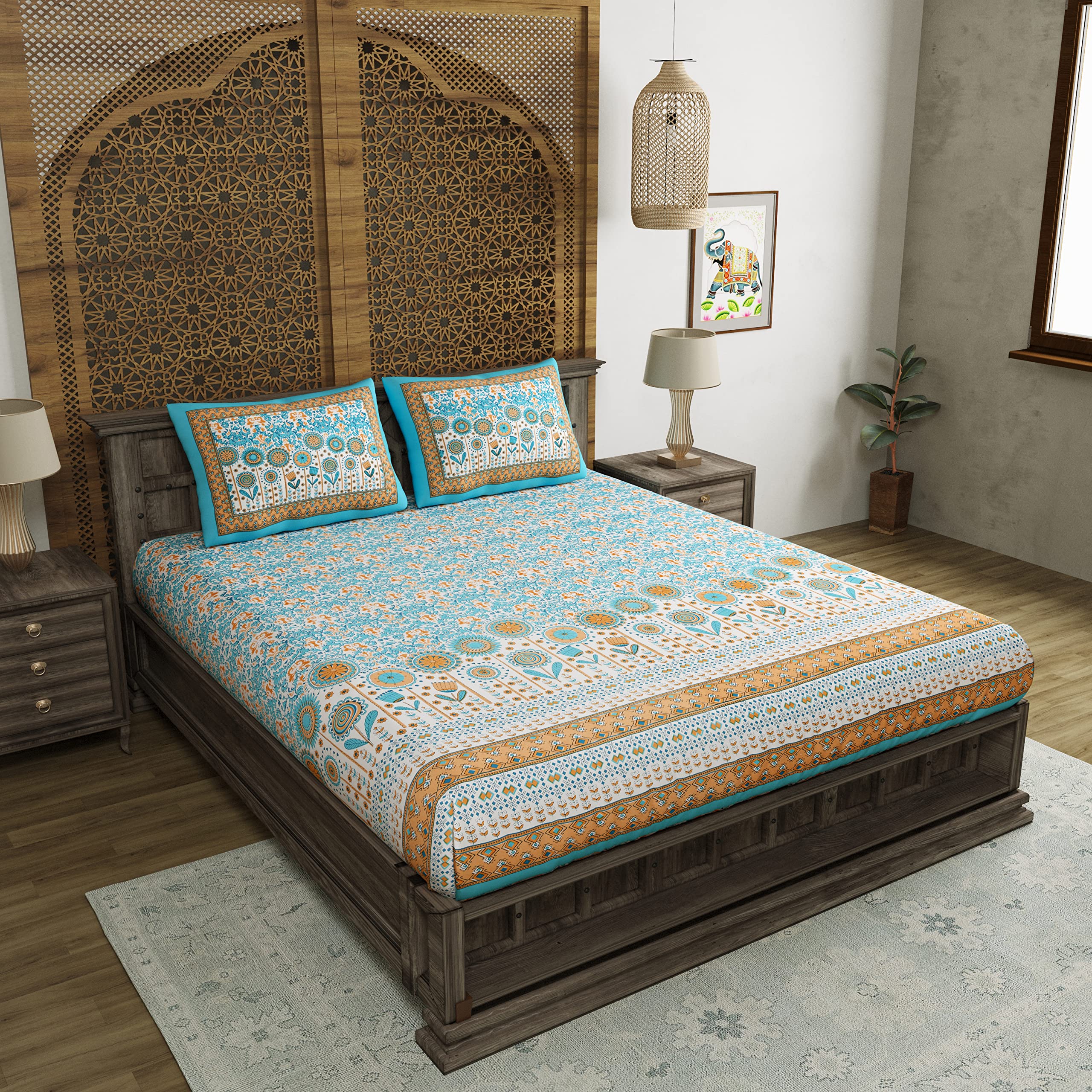 BLOCKS OF INDIA Cotton Elasticated Fitted Bedsheet King Size (72 x 78) (Blue Ikat), 300 TC