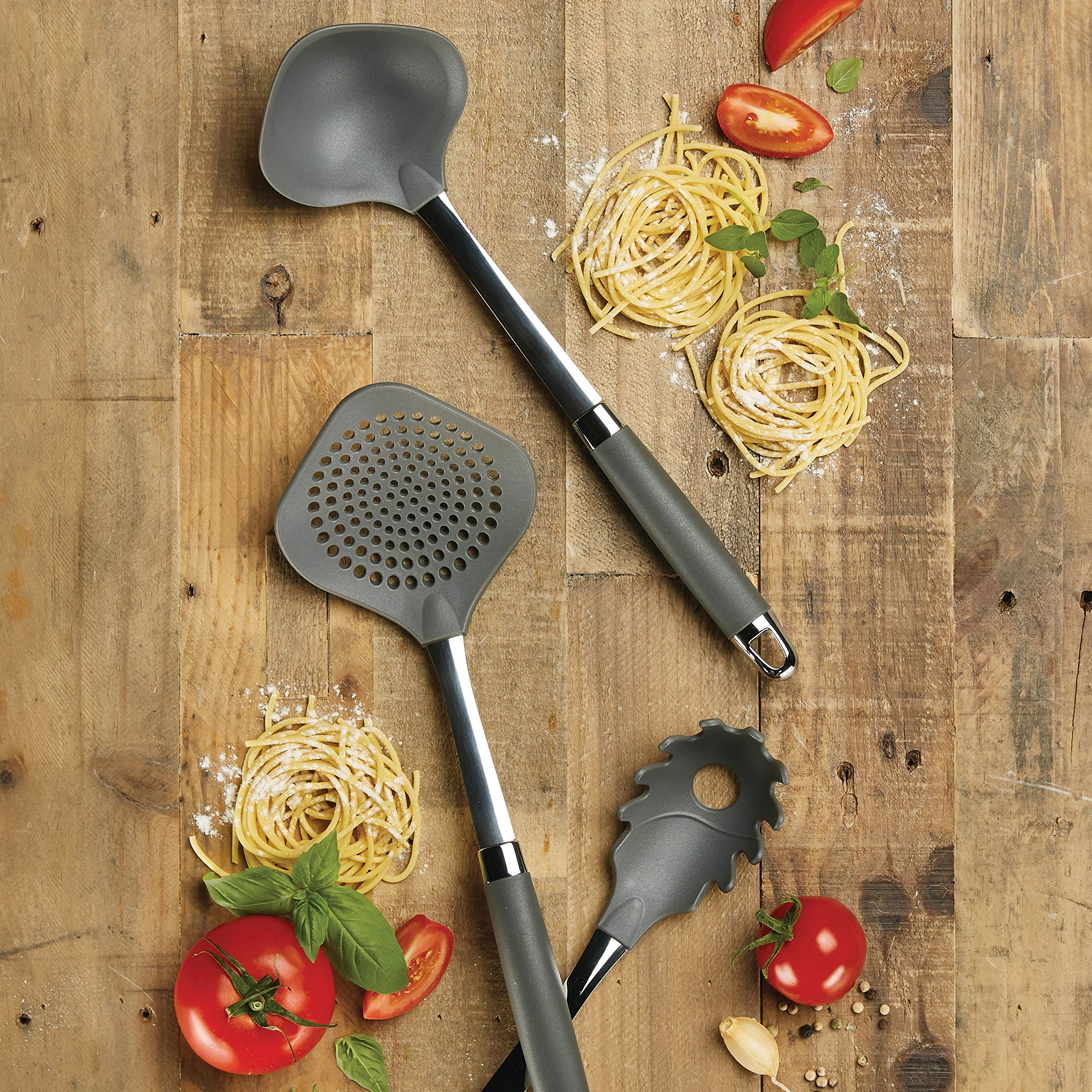 Anolon Gadgets Utensil Kitchen Pasta Cooking Tools Set, 3 Piece, Graphite Gray
