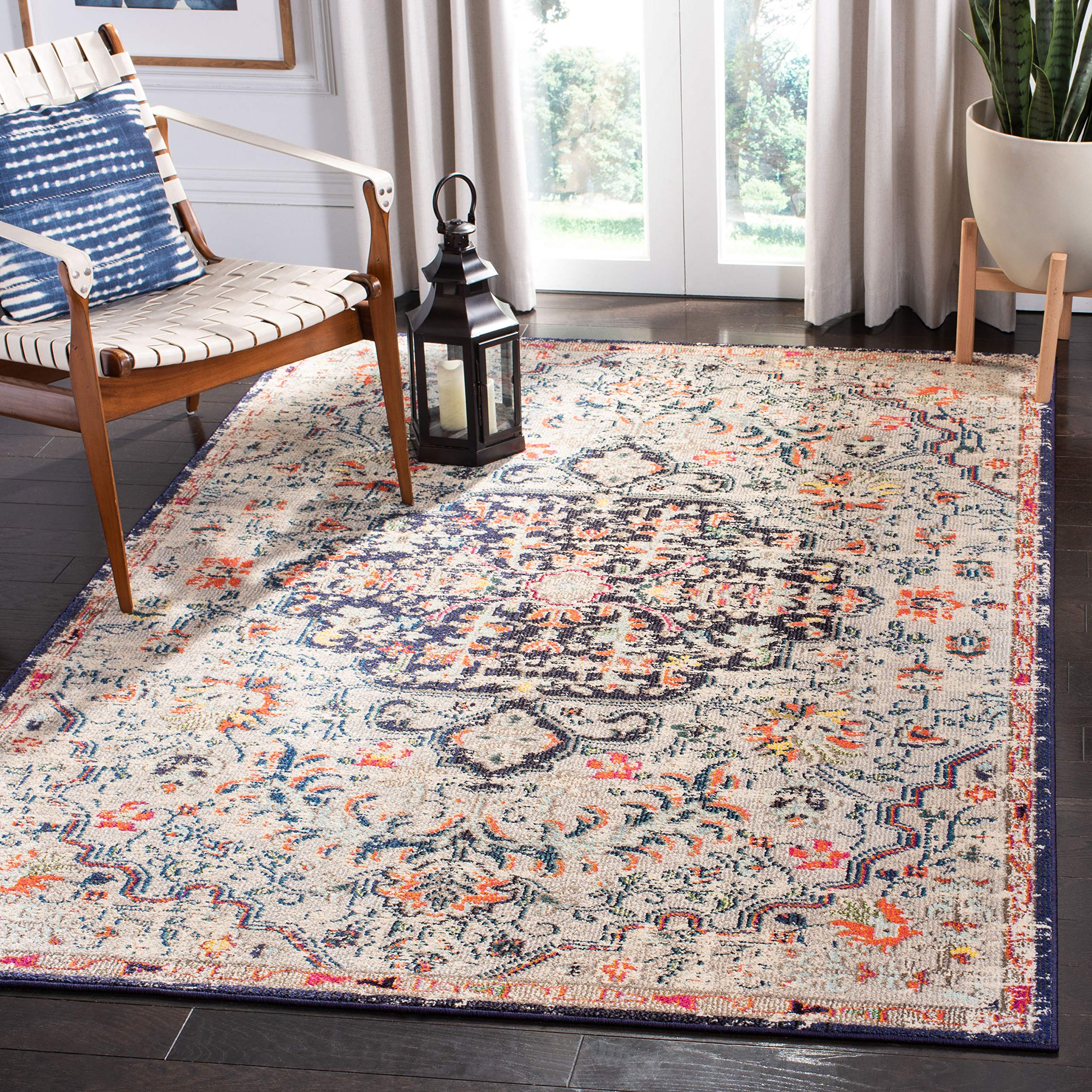SAFAVIEH Madison Collection Accent Rug - 4 x 6, Beige & Black, Medallion Distressed Design, Non-Shedding & Easy Care, Ideal fo