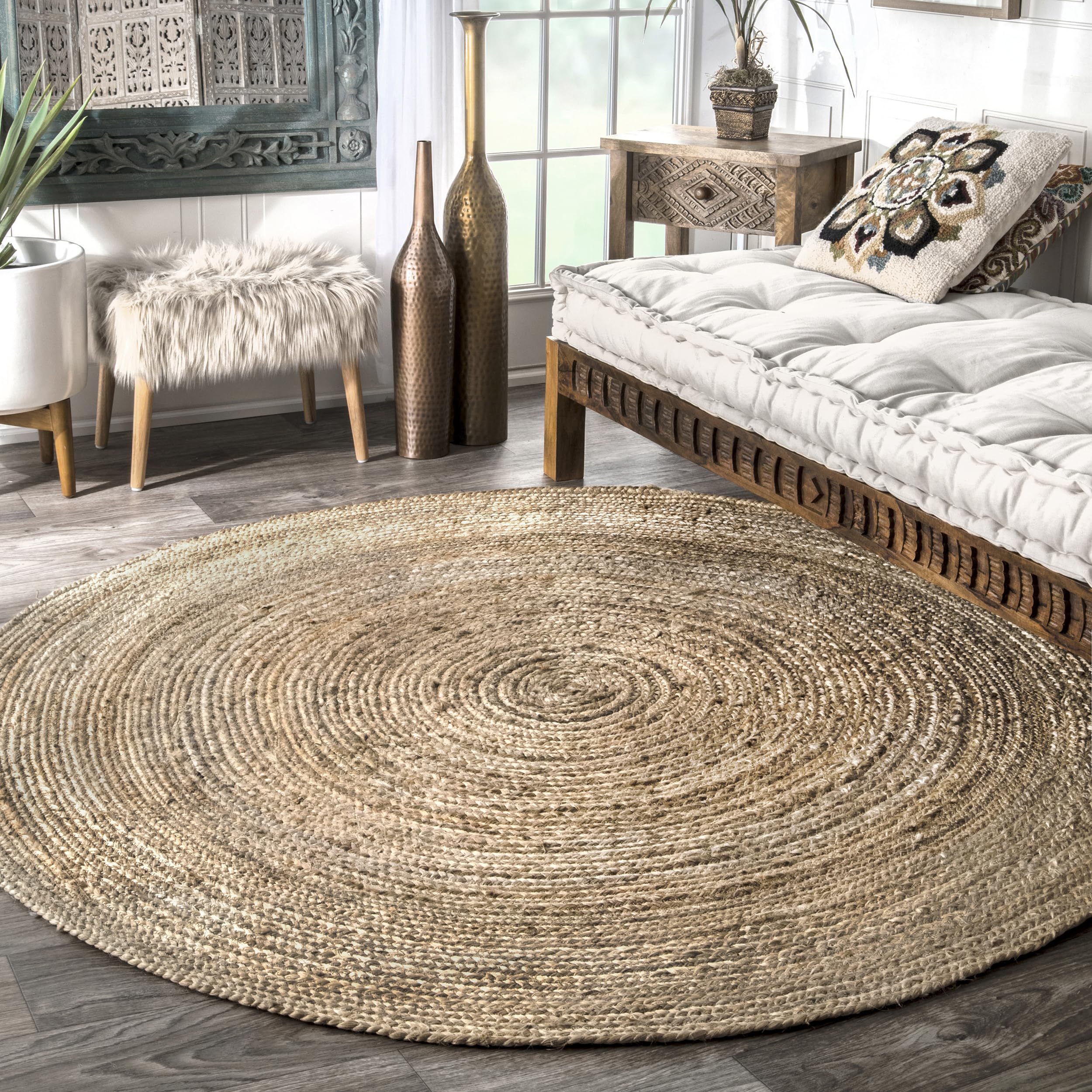 nuLOOM 8 Round Rigo Jute Hand Woven Area Rug, Natural, Solid Farmhouse Design, Natural Fiber, For Bedroom, Living Room, Dining R