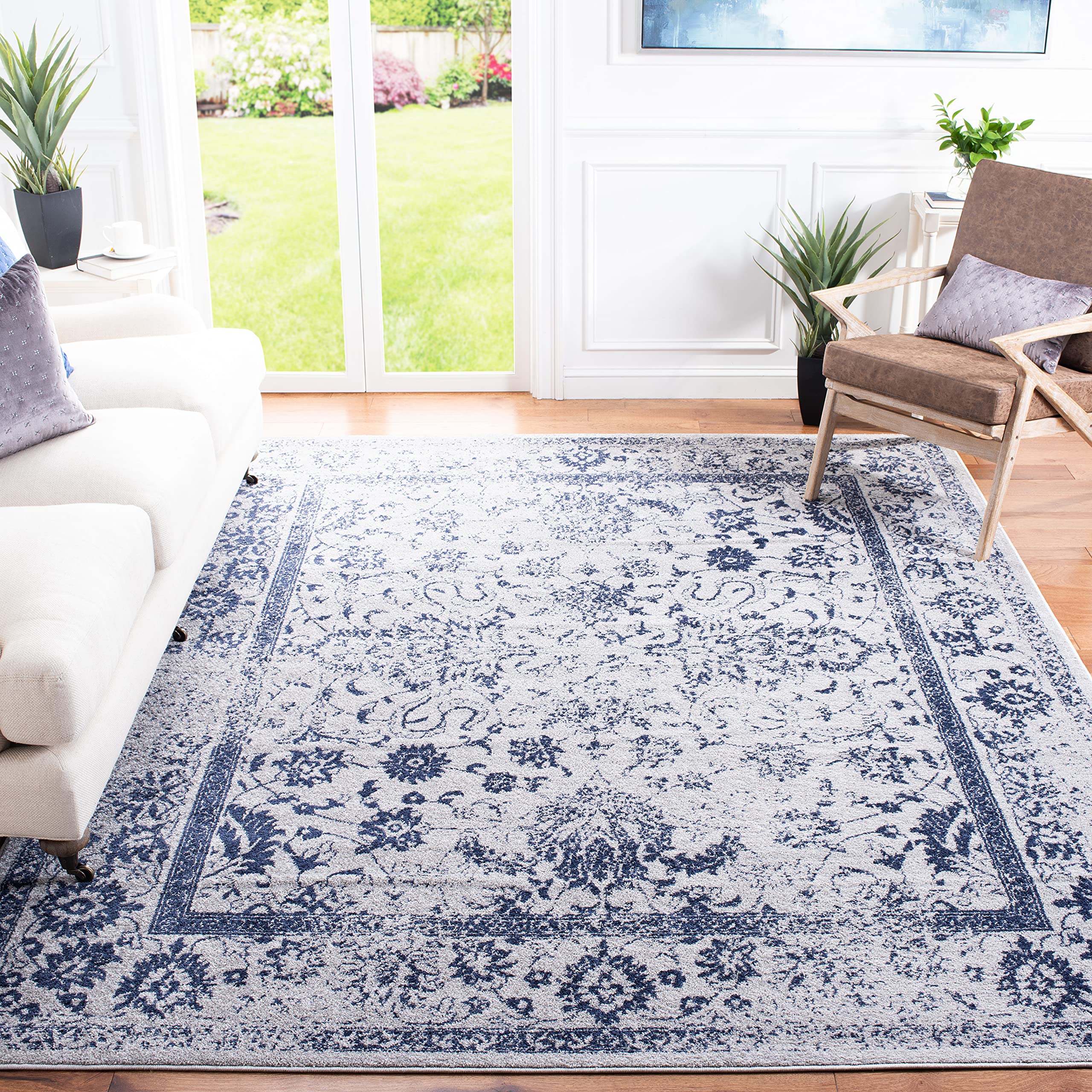 SAFAVIEH Adirondack Collection Area Rug - 9 x 12, Grey & Navy, Oriental Distressed Design, Non-Shedding & Easy Care, Ideal for