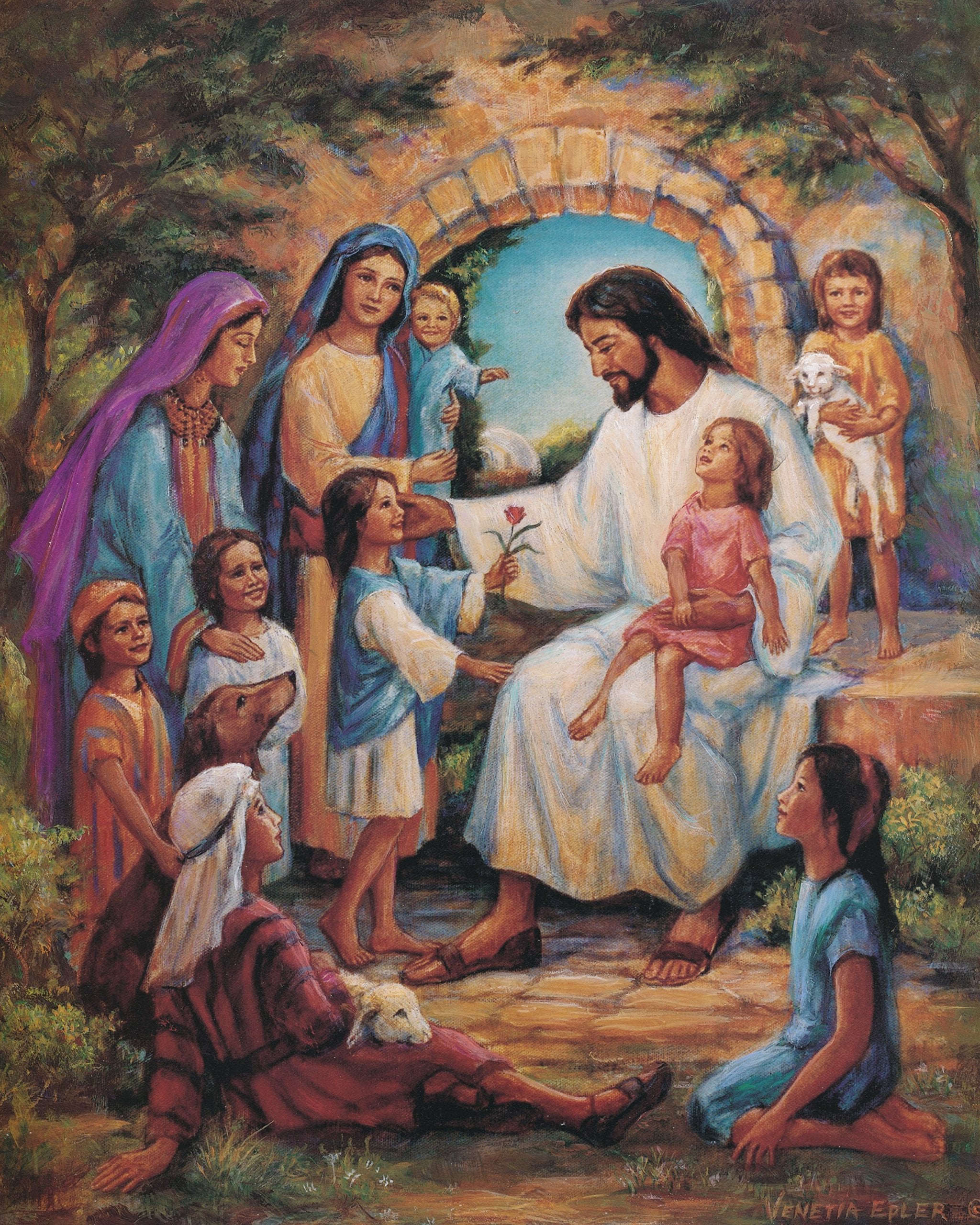 Jesus Christ With Children Religious Art Print 16X20 Cherry Frame & Glass Great Gift Idea For Kids