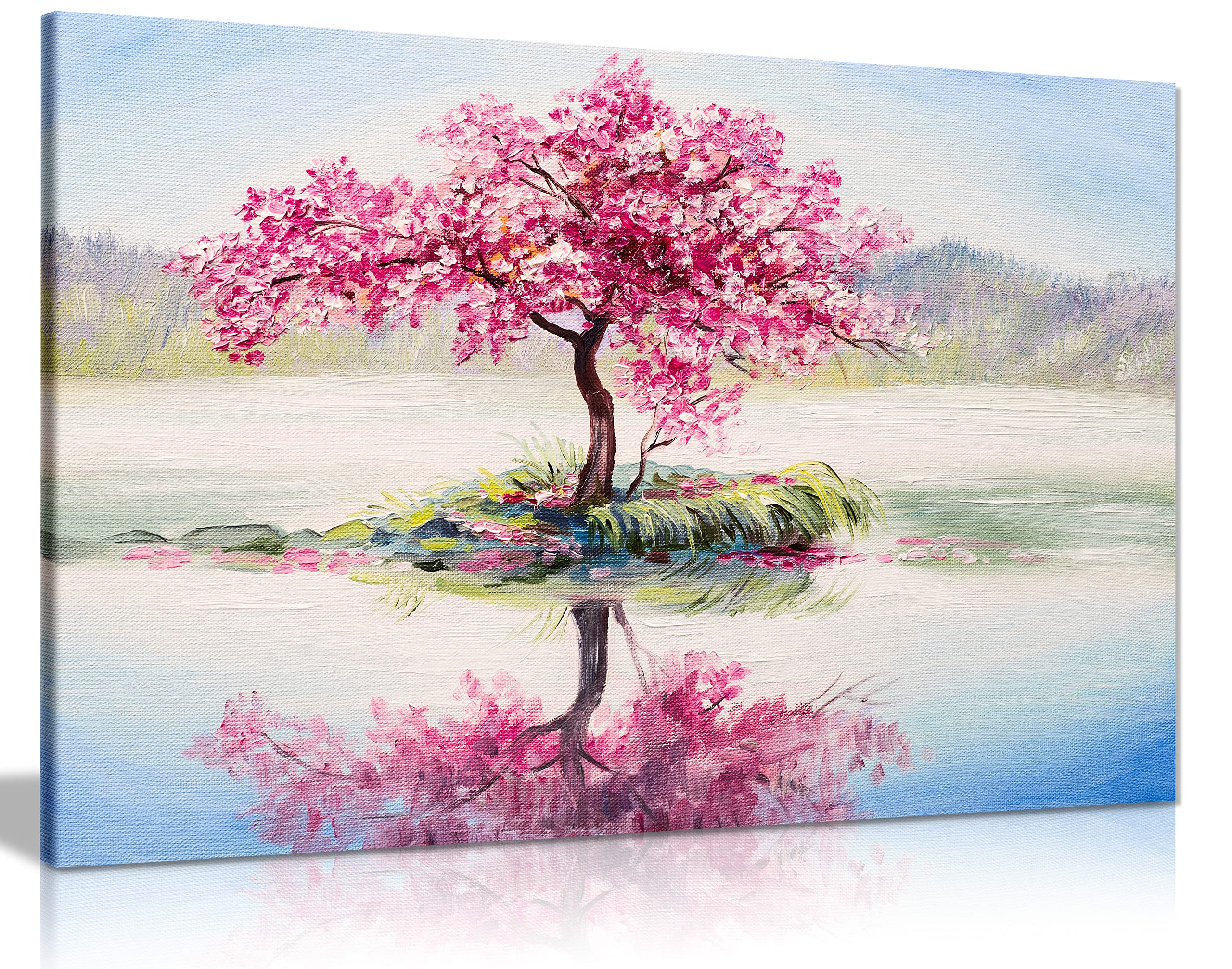 Japanese Oriental Cherry Tree On Lake Painting Canvas Wall Art Picture Print (12X8)
