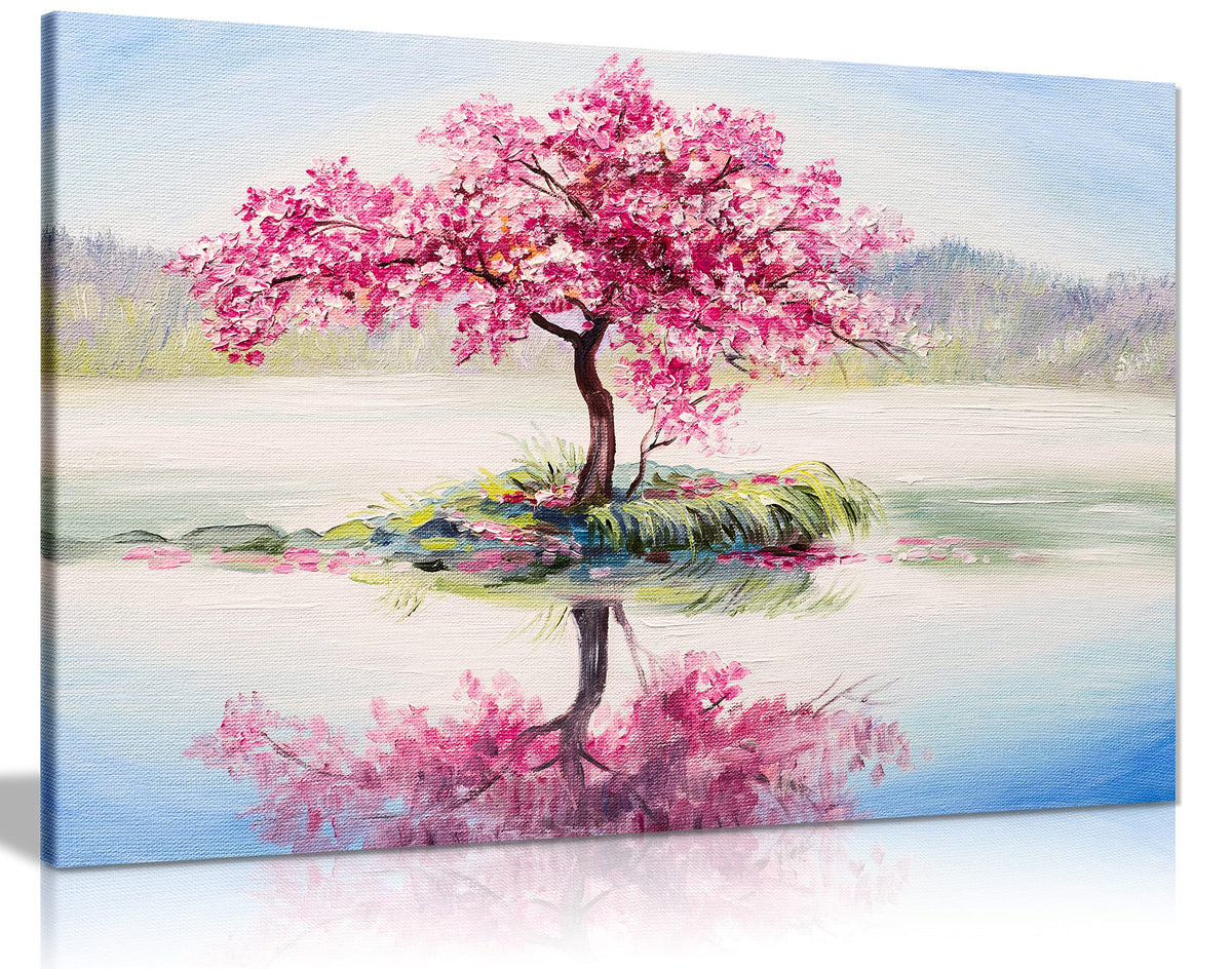 Japanese Oriental Cherry Tree On Lake Painting Canvas Wall Art Picture Print (12X8)