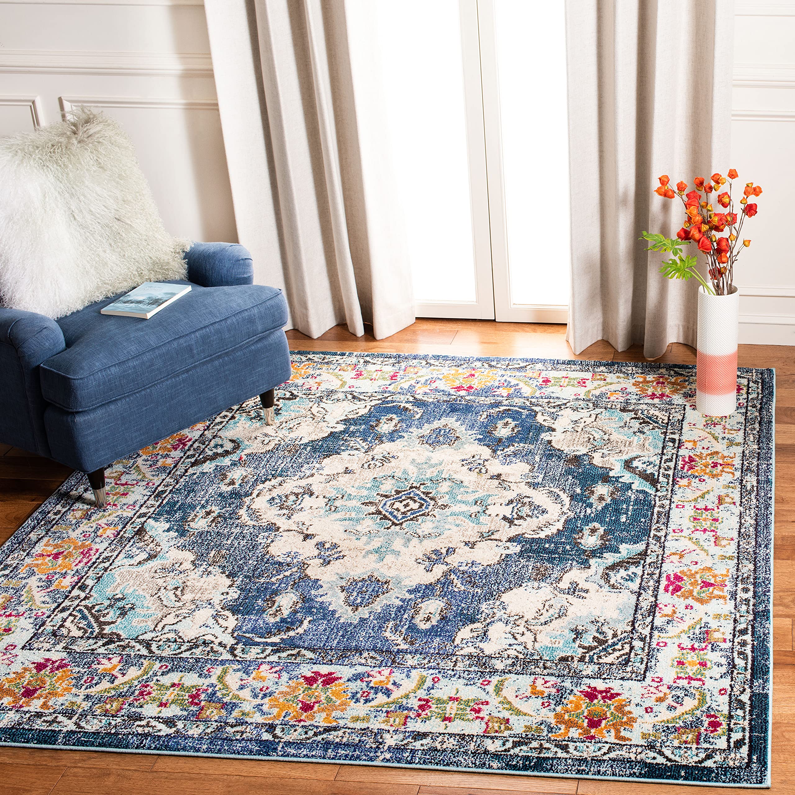 SAFAVIEH Monaco Collection 3 Square Navy/Light Blue MNC243N Boho Chic Medallion Distressed Non-Shedding Living Room Bedroom Acc