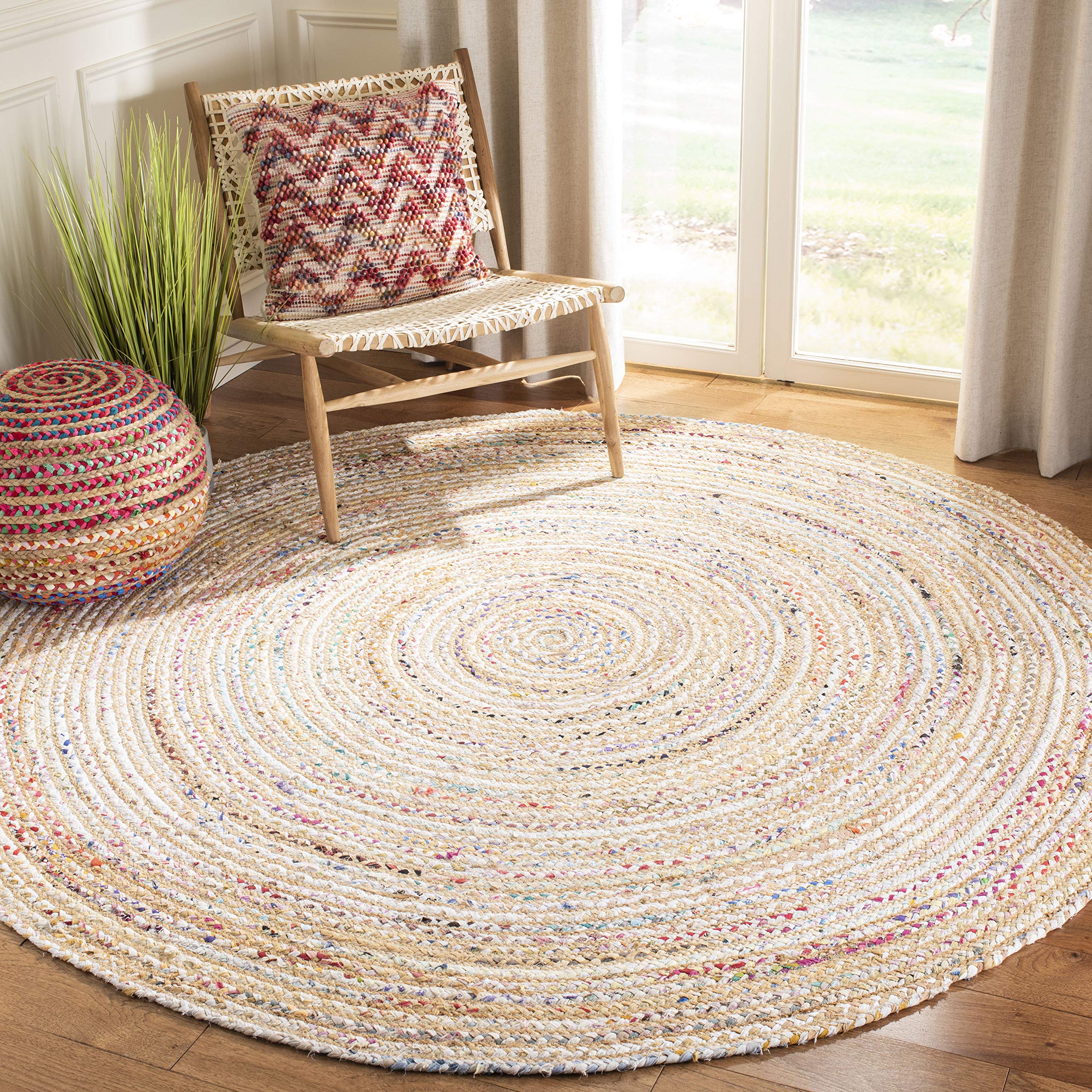 SAFAVIEH Cape Cod Collection Area Rug - 7 Round, Beige & Multi, Handmade Boho Braided Jute & Cotton, Ideal for High Traffic Are