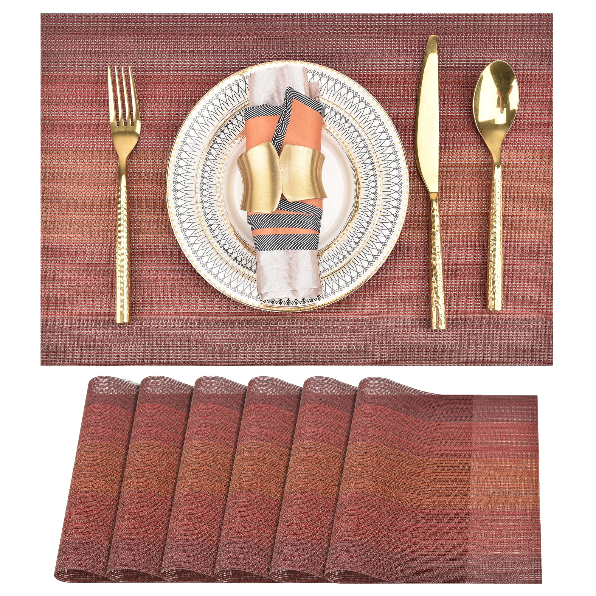 SLKQG Red Placemats Set of 6 - Easy Clean Washable Vinyl Placemats - Wipeable Heat Resistant Table Mats for Dining Table - 17.7x
