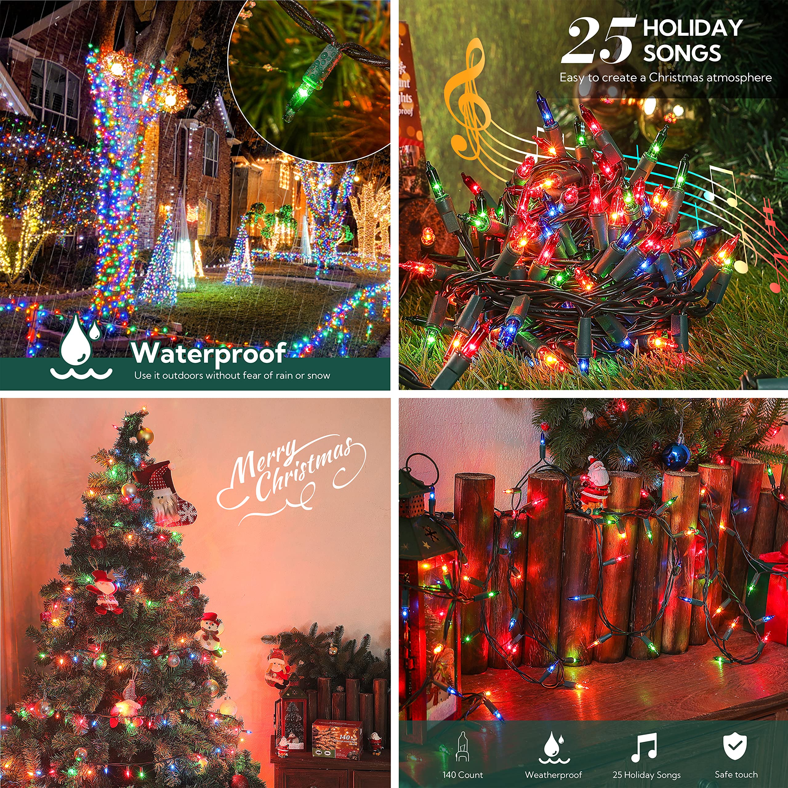 GILBIN Waterproof Bulbs for Outdoor use Multi-Color Musical Christmas Lights - Plays 25 Classical Holiday Songs - 8 Function Cha